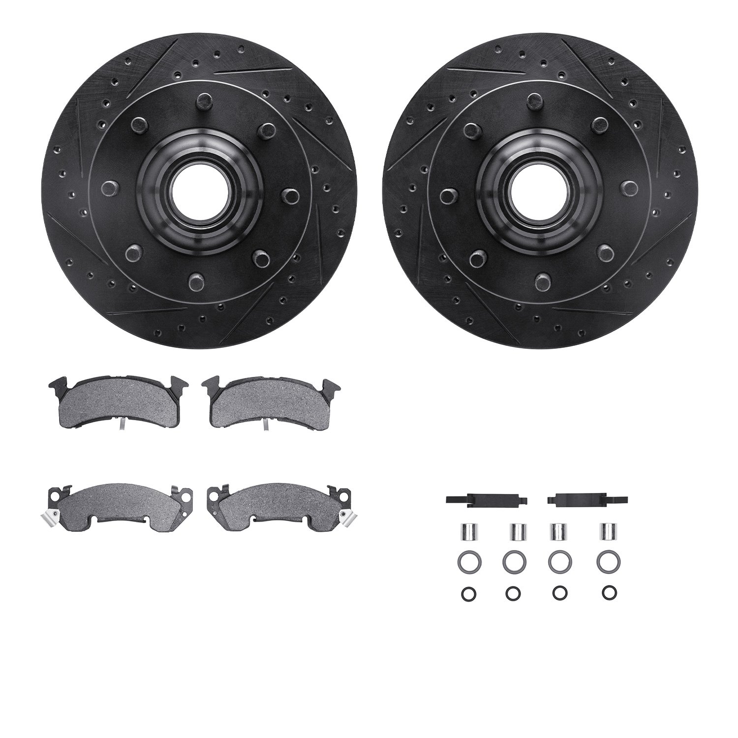 8212-48051 Drilled/Slotted Rotors w/Heavy-Duty Brake Pads Kit & Hardware [Black], 1978-1993 GM, Position: Front