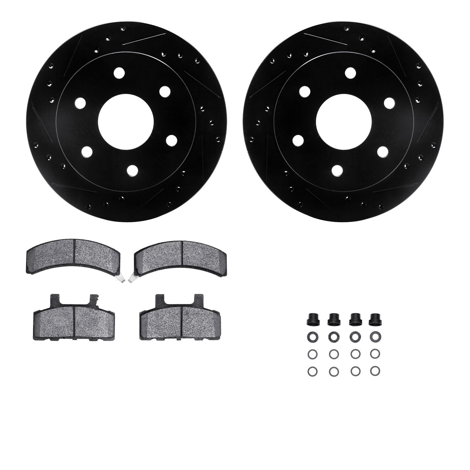 8212-48076 Drilled/Slotted Rotors w/Heavy-Duty Brake Pads Kit & Hardware [Black], 1988-1991 GM, Position: Front