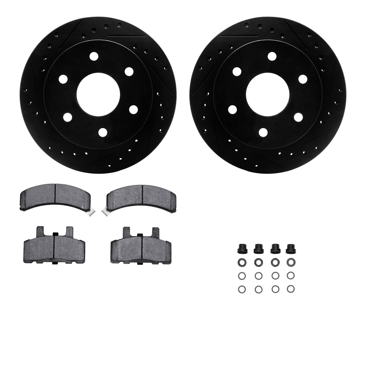 8212-48077 Drilled/Slotted Rotors w/Heavy-Duty Brake Pads Kit & Hardware [Black], 1988-2000 GM, Position: Front