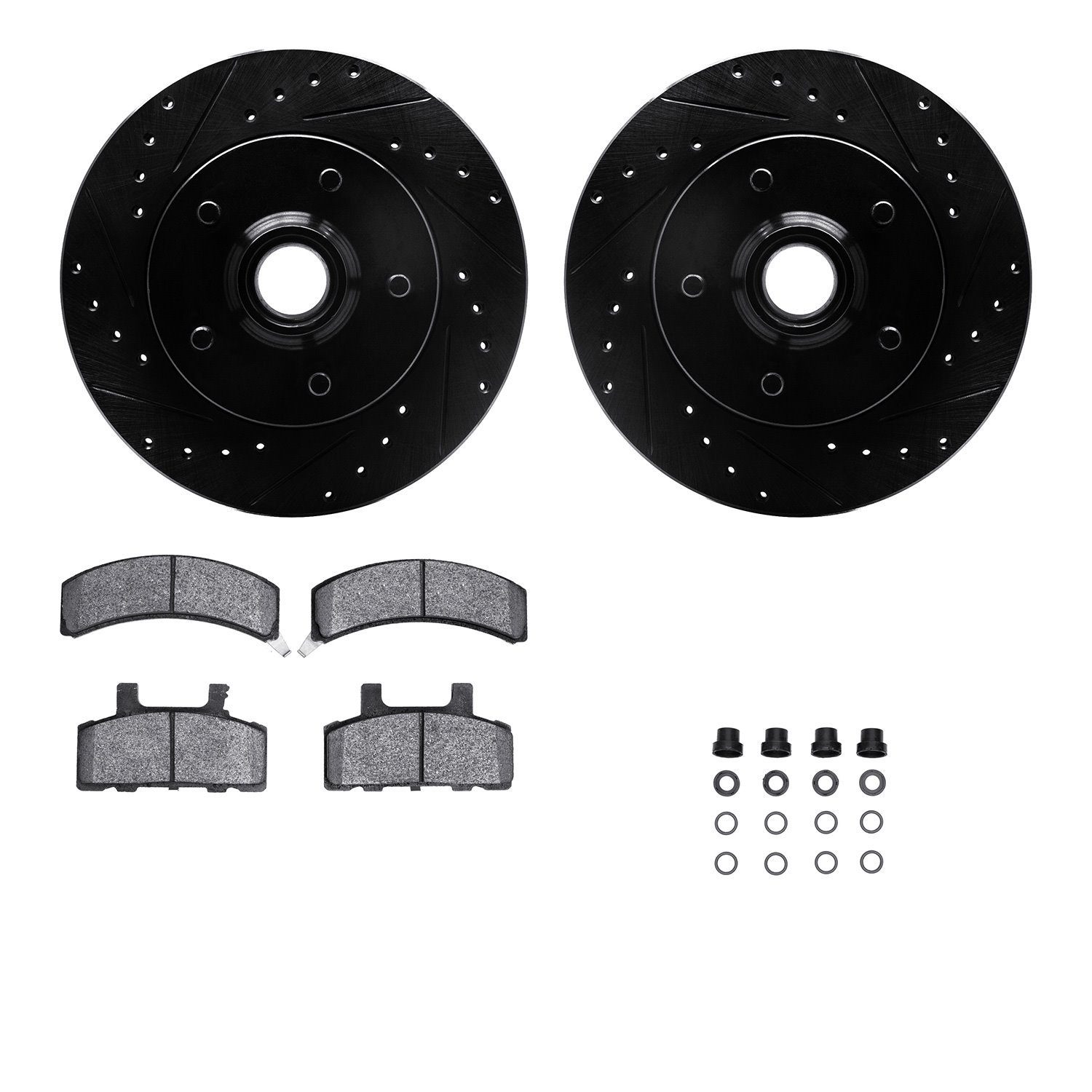 8212-48079 Drilled/Slotted Rotors w/Heavy-Duty Brake Pads Kit & Hardware [Black], 1988-1991 GM, Position: Front