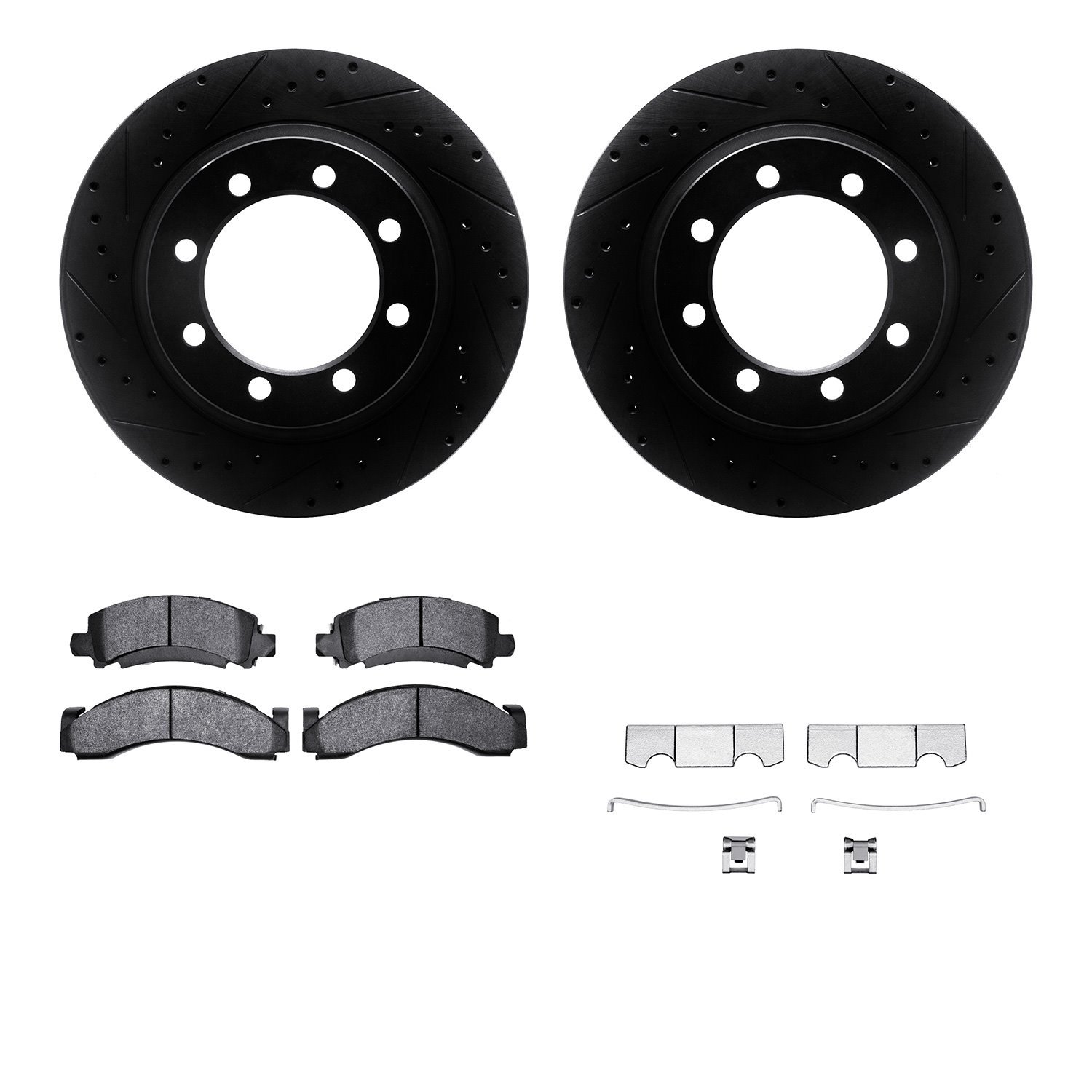 8212-48086 Drilled/Slotted Rotors w/Heavy-Duty Brake Pads Kit & Hardware [Black], 1976-1996 GM, Position: Front