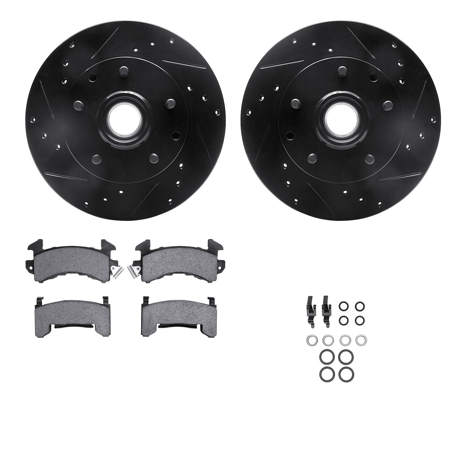 8212-48088 Drilled/Slotted Rotors w/Heavy-Duty Brake Pads Kit & Hardware [Black], 1991-2003 GM, Position: Front