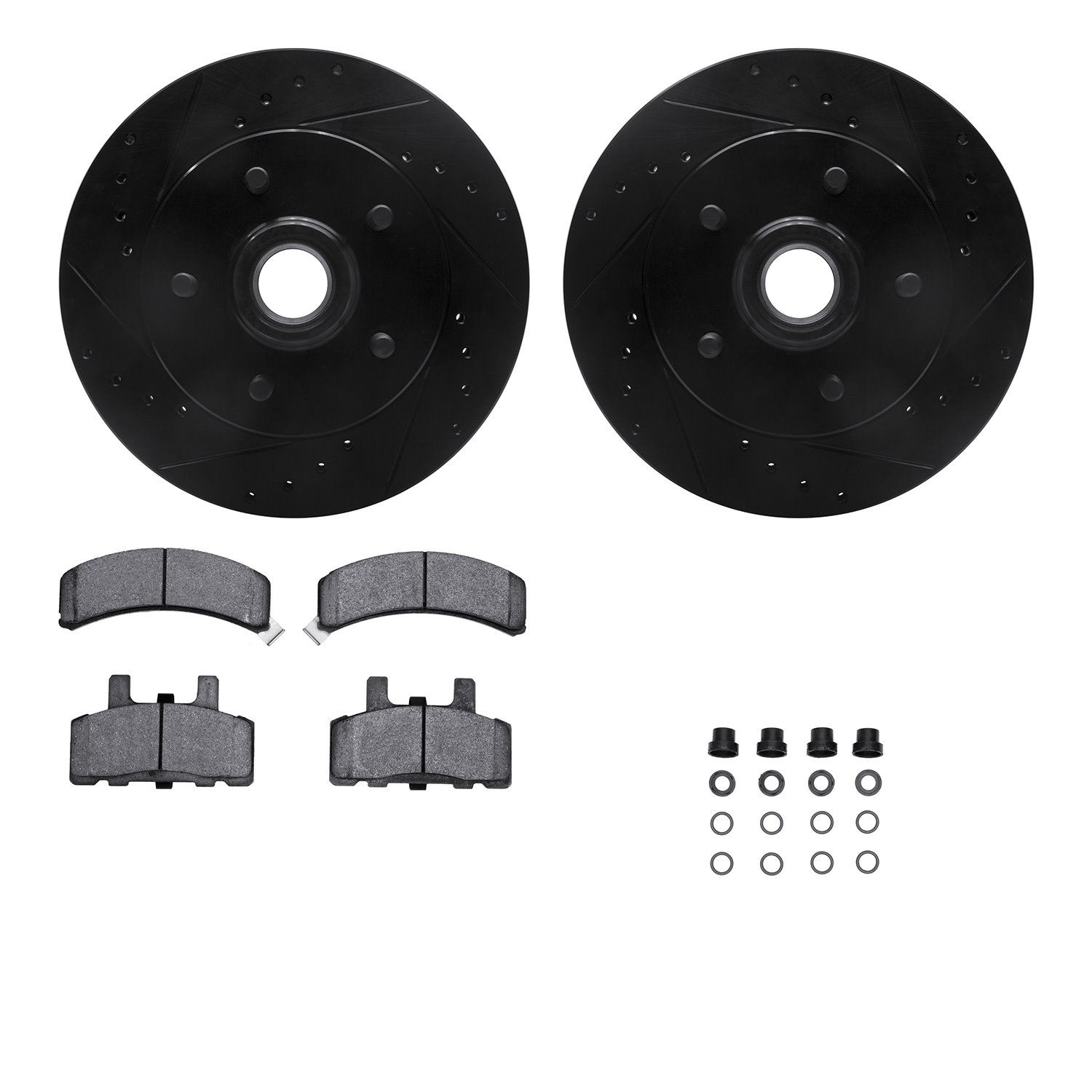 8212-48096 Drilled/Slotted Rotors w/Heavy-Duty Brake Pads Kit & Hardware [Black], 1992-2002 GM, Position: Front