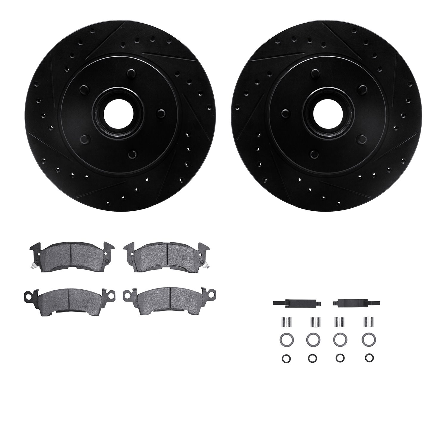8212-48101 Drilled/Slotted Rotors w/Heavy-Duty Brake Pads Kit & Hardware [Black], 1993-1995 GM, Position: Front