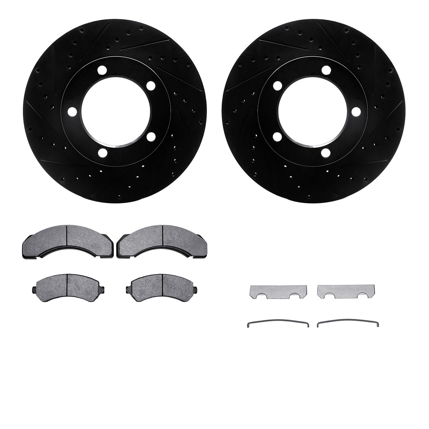 8212-48103 Drilled/Slotted Rotors w/Heavy-Duty Brake Pads Kit & Hardware [Black], 1997-2005 Multiple Makes/Models, Position: Fro