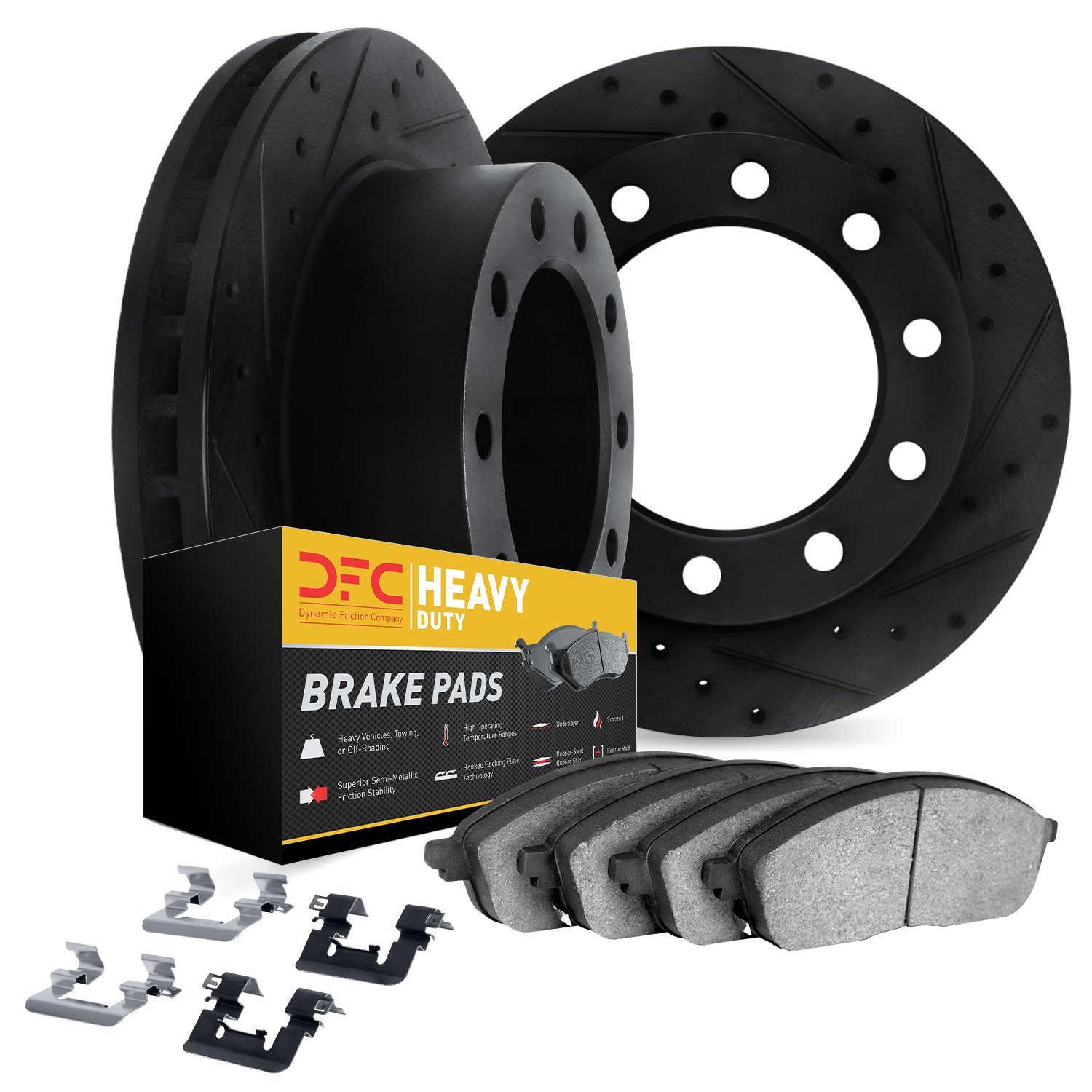 8212-48110 Drilled/Slotted Rotors w/Heavy-Duty Brake Pads Kit & Hardware [Black], 1997-2005 Multiple Makes/Models, Position: Rea