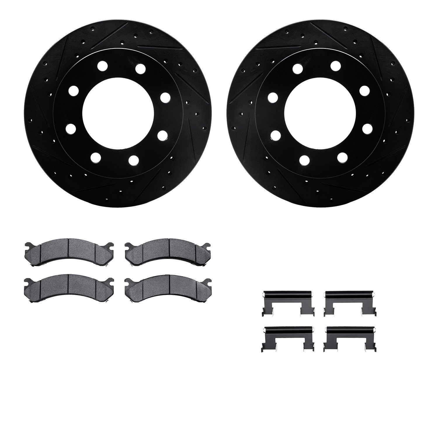 8212-48122 Drilled/Slotted Rotors w/Heavy-Duty Brake Pads Kit & Hardware [Black], 1999-2020 GM, Position: Front