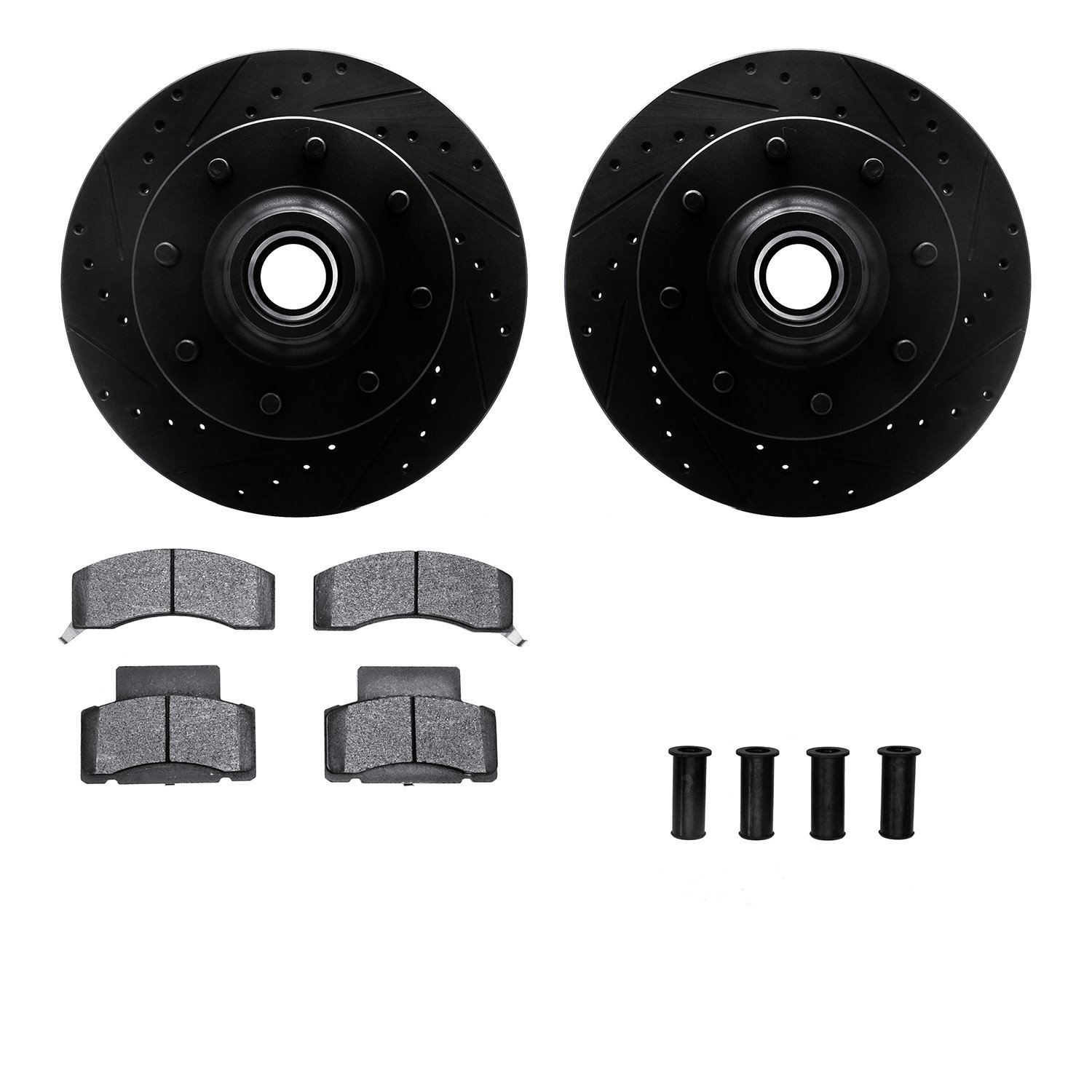 8212-48130 Drilled/Slotted Rotors w/Heavy-Duty Brake Pads Kit & Hardware [Black], 2001-2002 GM, Position: Front