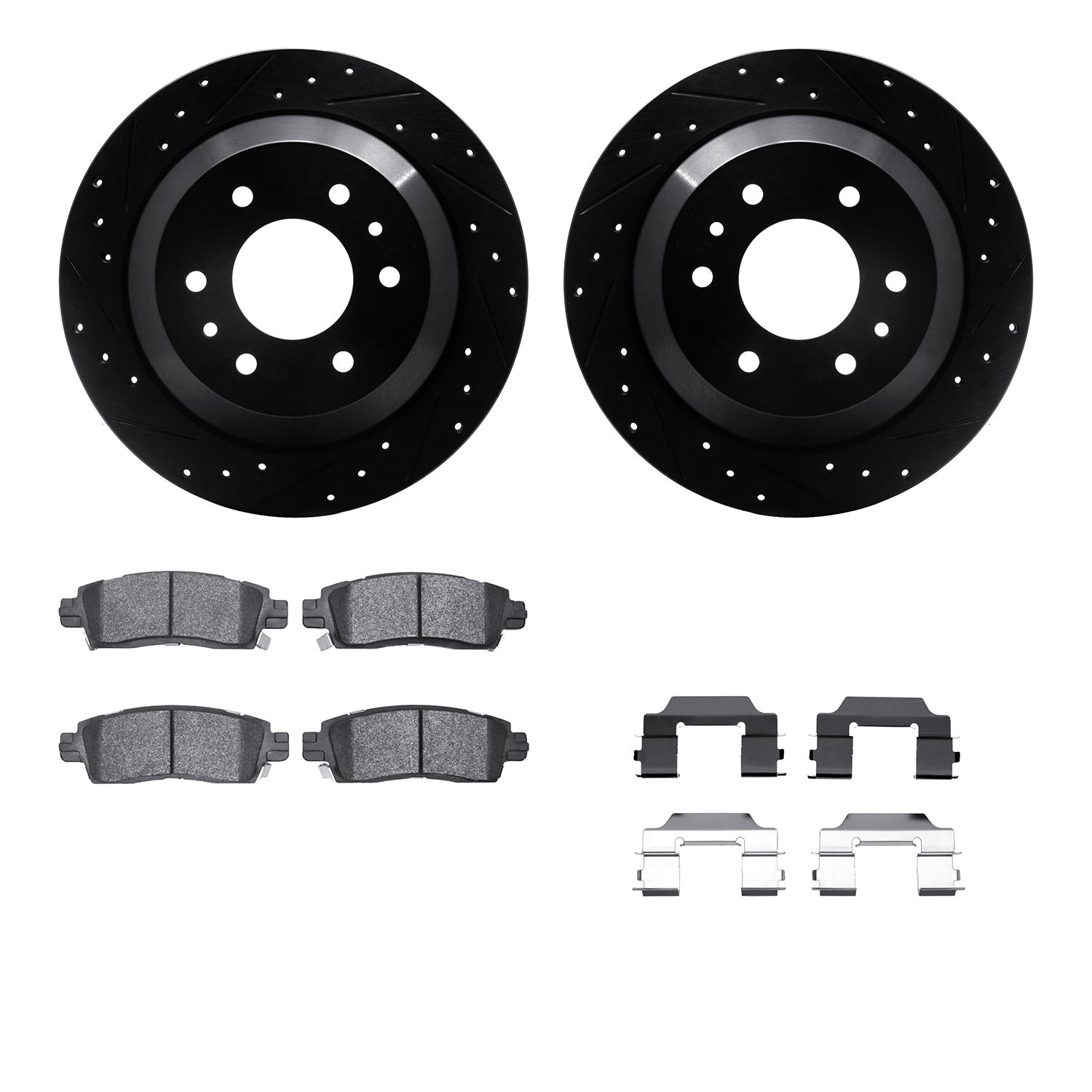 8212-48134 Drilled/Slotted Rotors w/Heavy-Duty Brake Pads Kit & Hardware [Black], 2002-2009 GM, Position: Rear