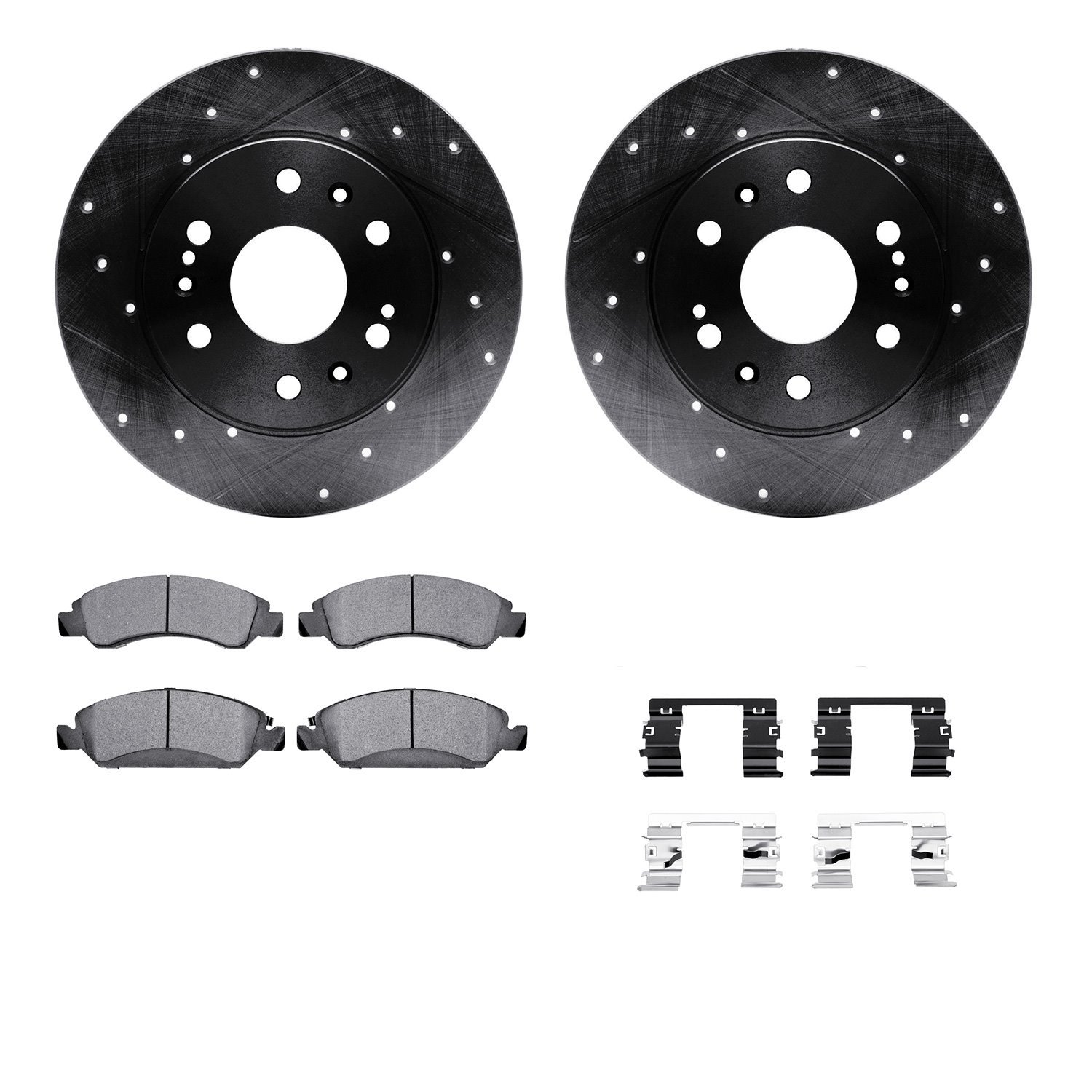 8212-48143 Drilled/Slotted Rotors w/Heavy-Duty Brake Pads Kit & Hardware [Black], 2005-2020 GM, Position: Front