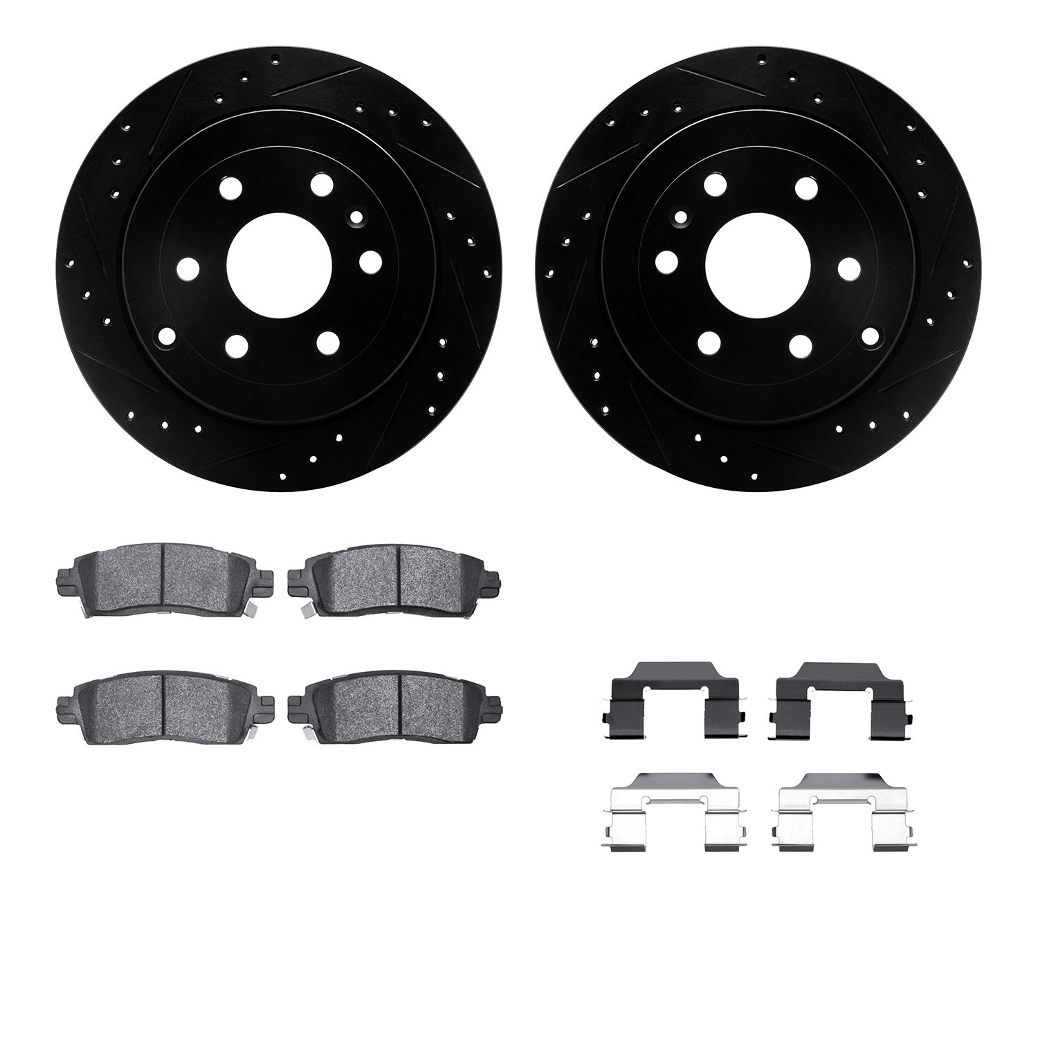 8212-48152 Drilled/Slotted Rotors w/Heavy-Duty Brake Pads Kit & Hardware [Black], 2007-2017 GM, Position: Rear