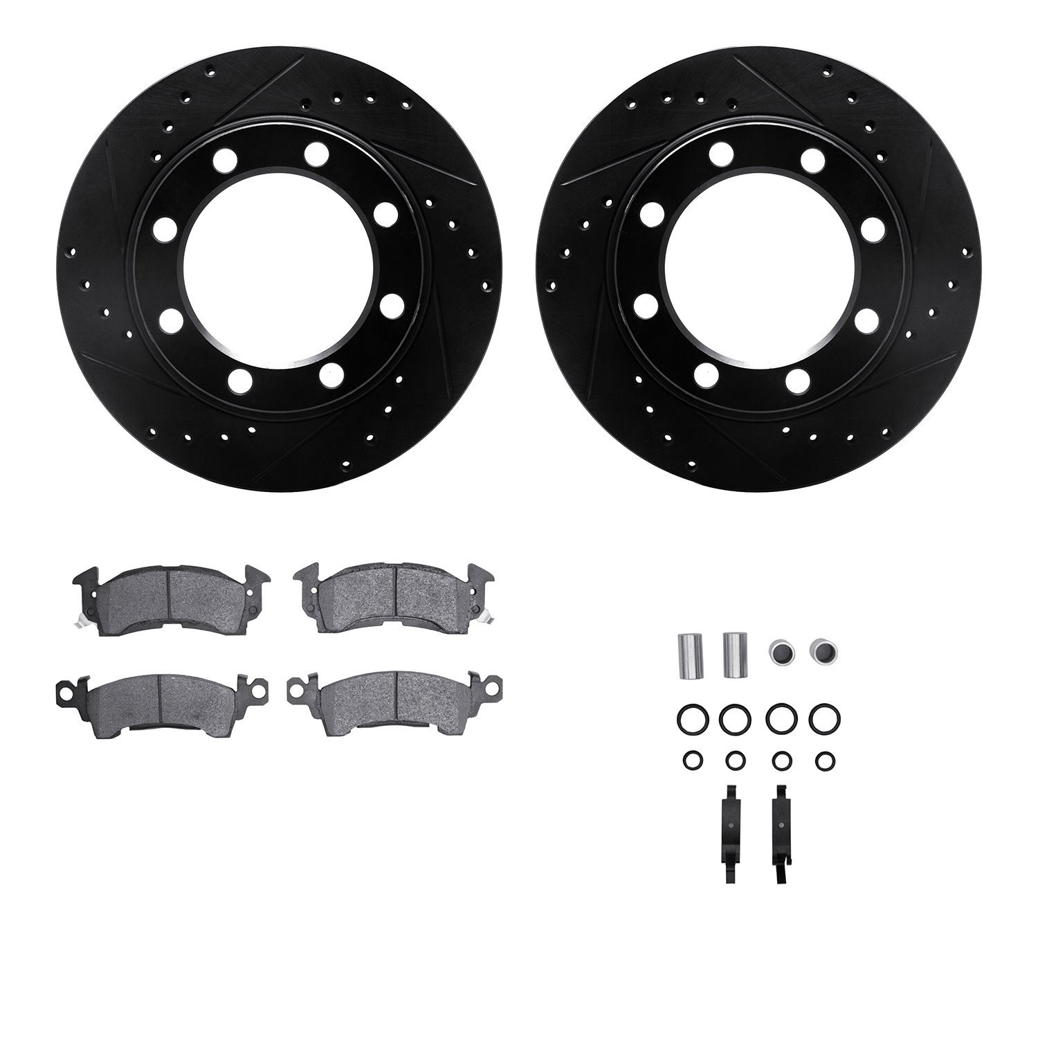 8212-48162 Drilled/Slotted Rotors w/Heavy-Duty Brake Pads Kit & Hardware [Black], 1971-1973 GM, Position: Front