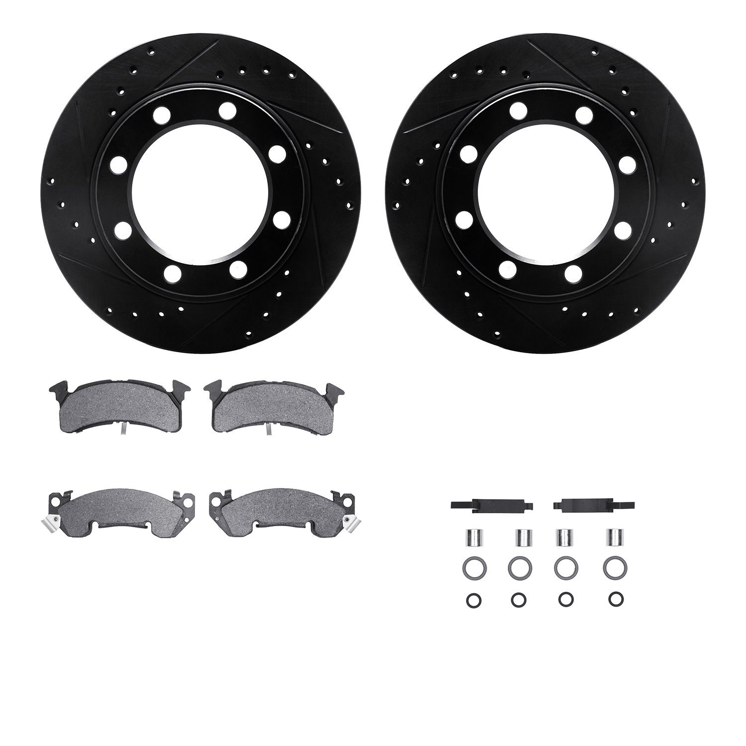 8212-48164 Drilled/Slotted Rotors w/Heavy-Duty Brake Pads Kit & Hardware [Black], 1979-1991 GM, Position: Front