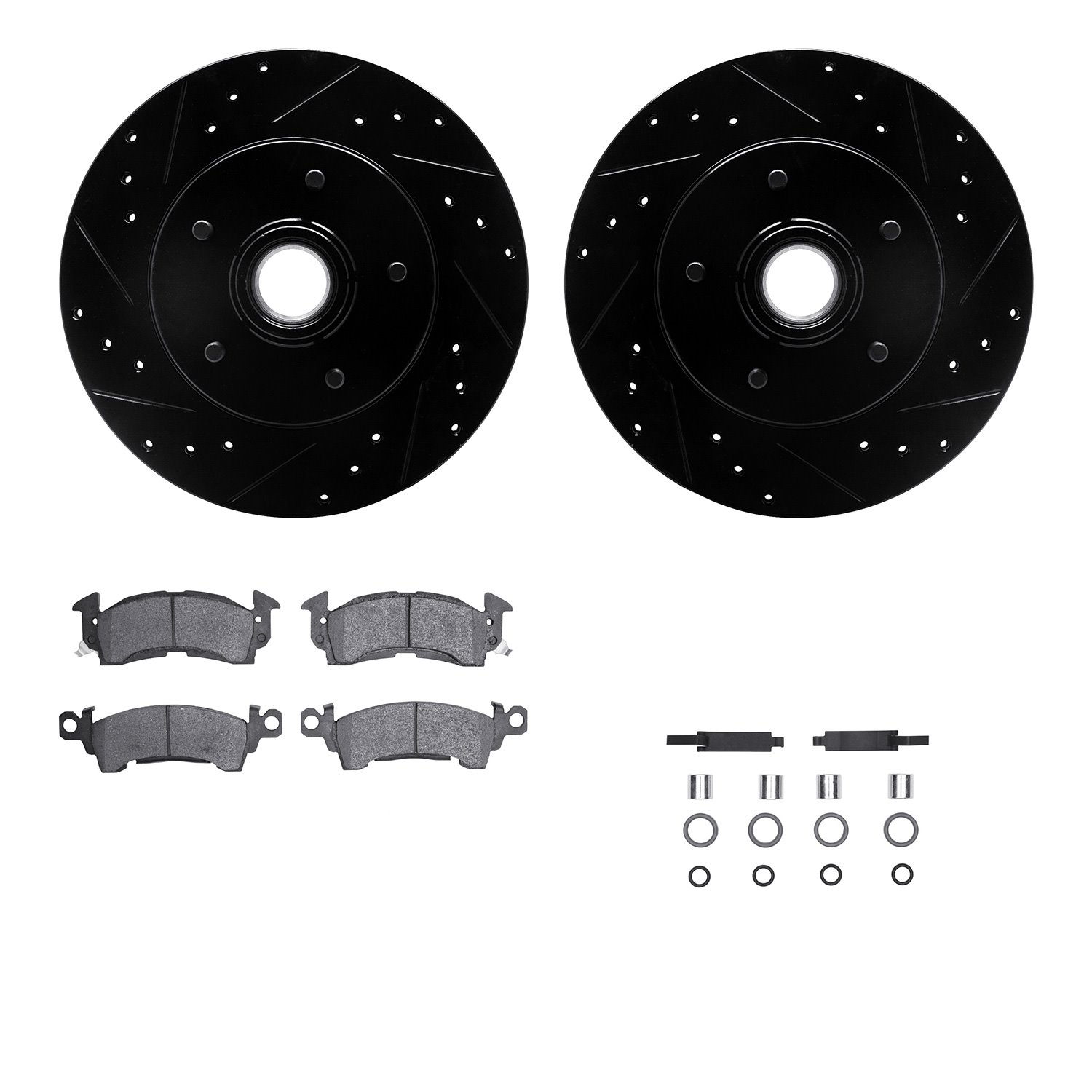 8212-51001 Drilled/Slotted Rotors w/Heavy-Duty Brake Pads Kit & Hardware [Black], 1991-1996 GM, Position: Front