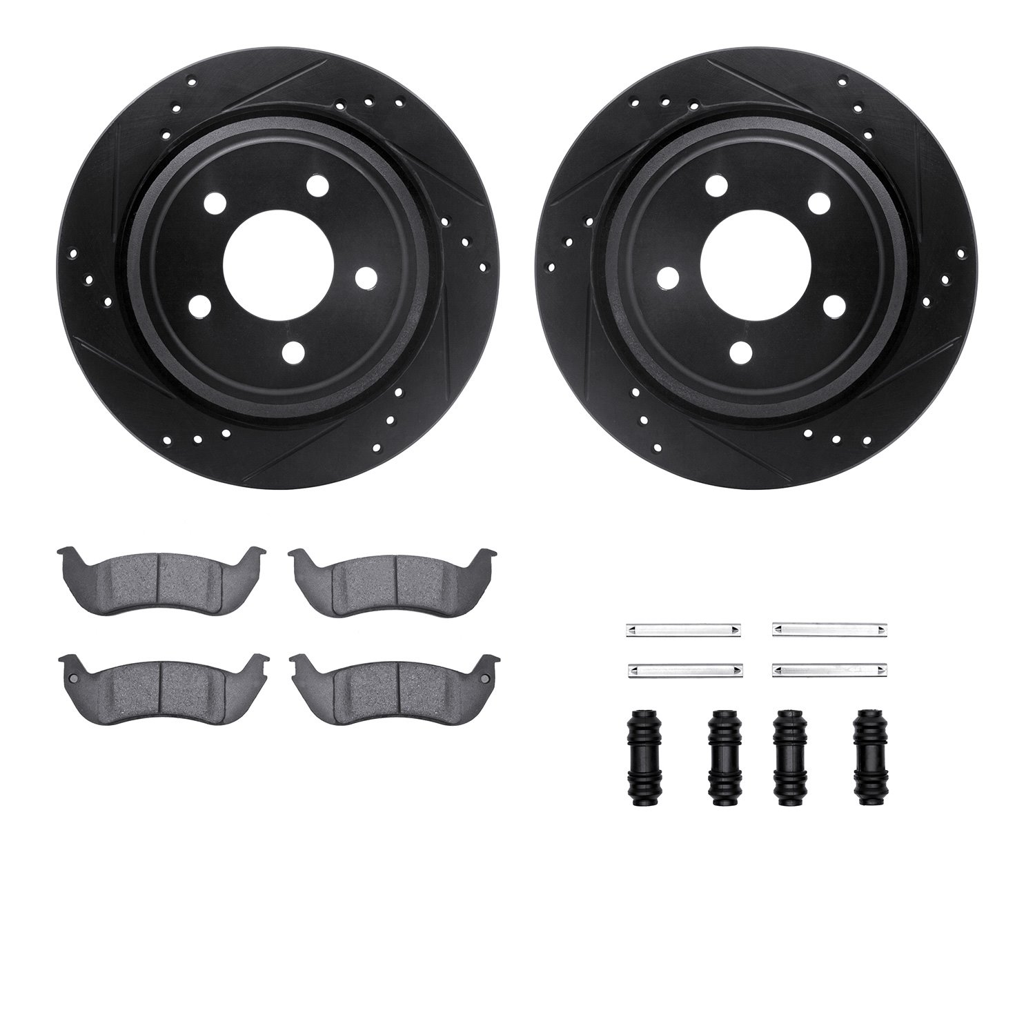 8212-54003 Drilled/Slotted Rotors w/Heavy-Duty Brake Pads Kit & Hardware [Black], 2010-2011 Ford/Lincoln/Mercury/Mazda, Position