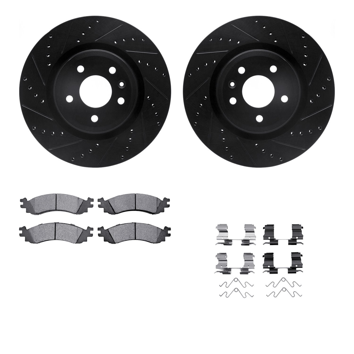 8212-54004 Drilled/Slotted Rotors w/Heavy-Duty Brake Pads Kit & Hardware [Black], 2011-2012 Ford/Lincoln/Mercury/Mazda, Position