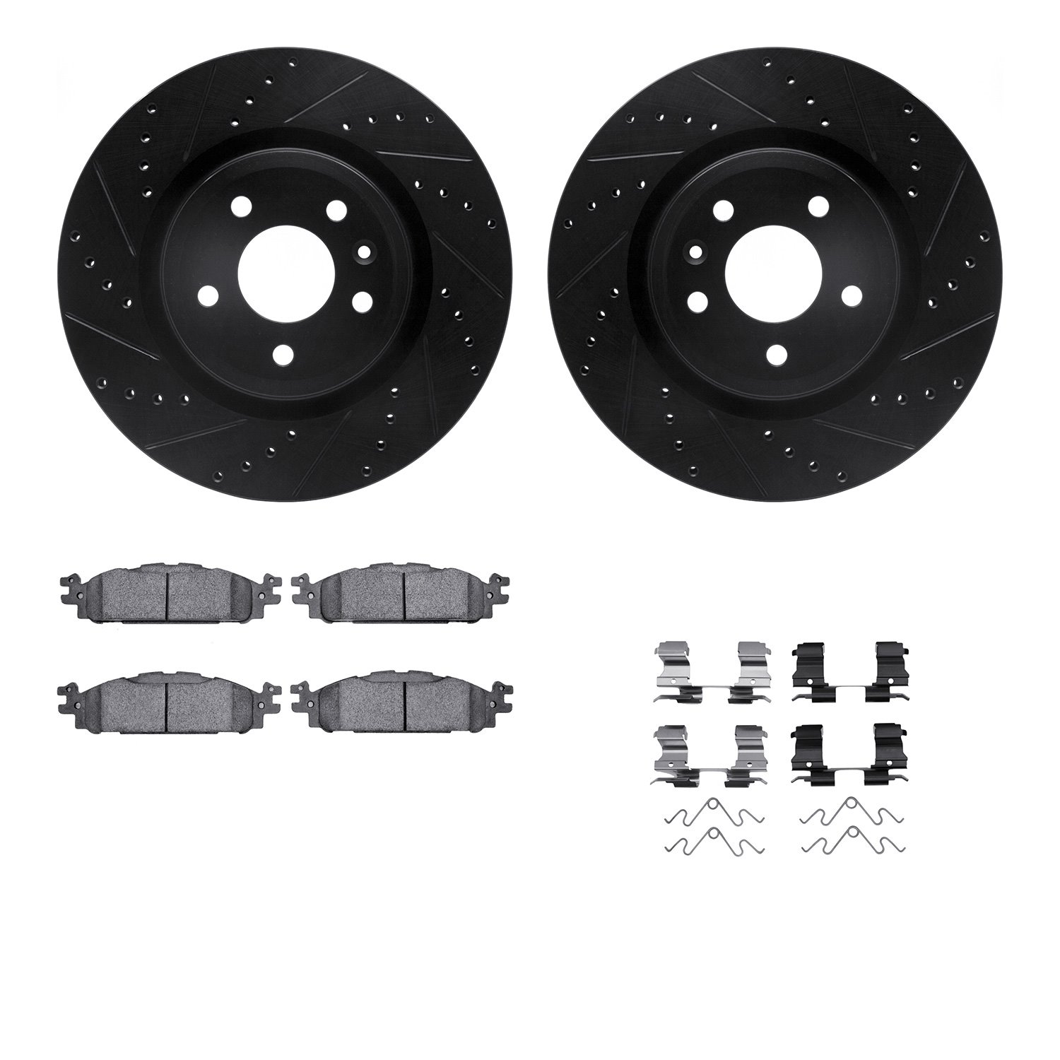 8212-54005 Drilled/Slotted Rotors w/Heavy-Duty Brake Pads Kit & Hardware [Black], 2011-2019 Ford/Lincoln/Mercury/Mazda, Position
