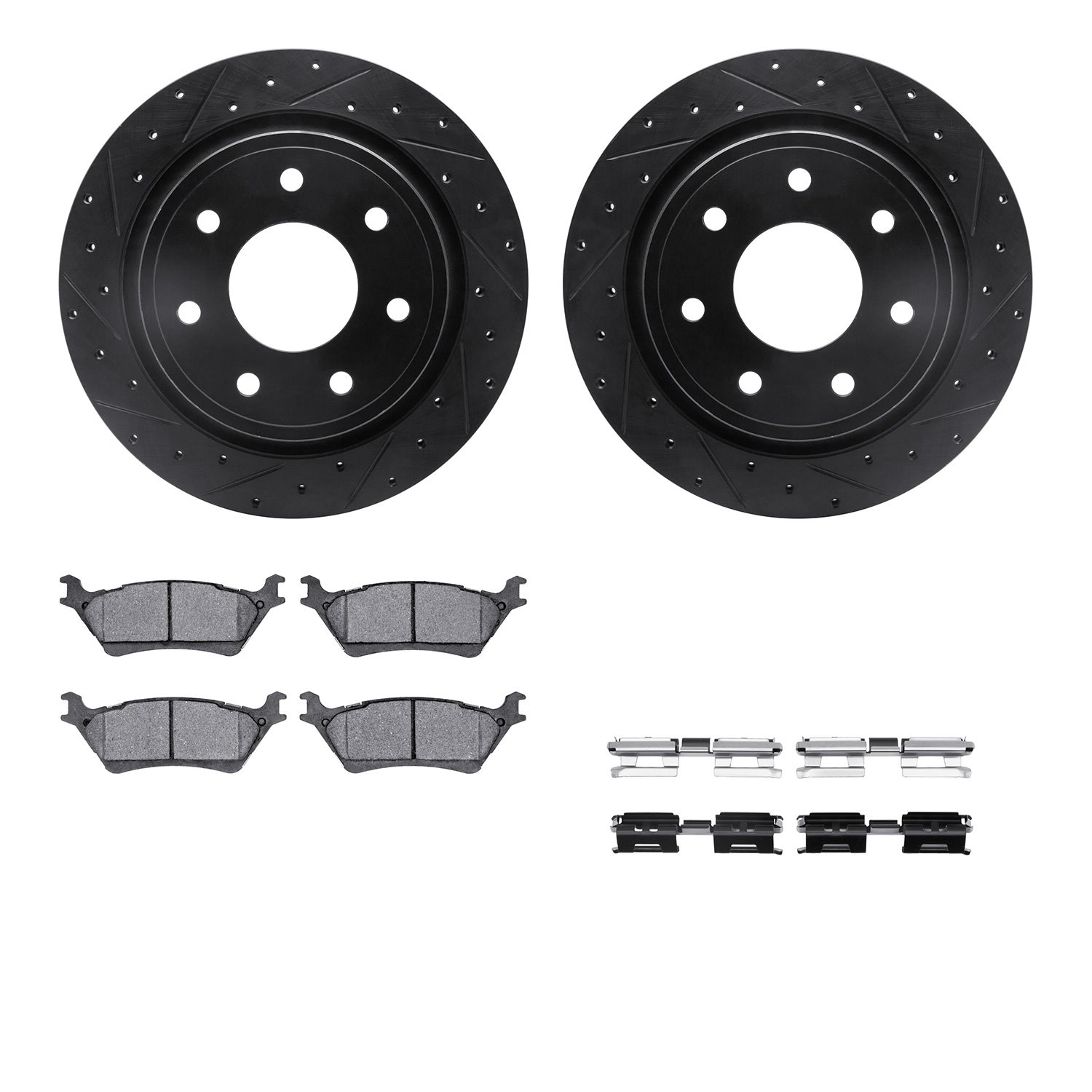8212-54009 Drilled/Slotted Rotors w/Heavy-Duty Brake Pads Kit & Hardware [Black], 2012-2014 Ford/Lincoln/Mercury/Mazda, Position