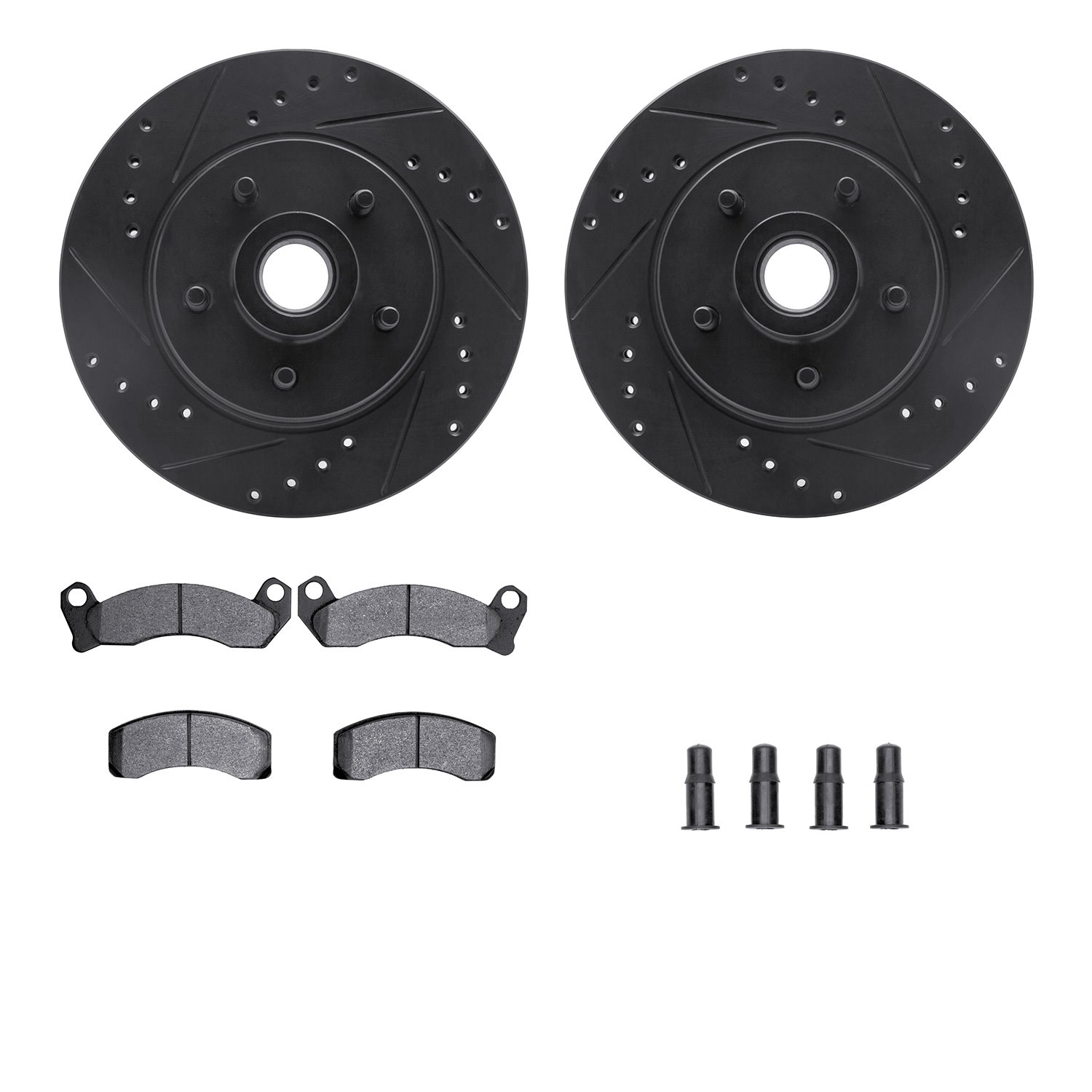 8212-55002 Drilled/Slotted Rotors w/Heavy-Duty Brake Pads Kit & Hardware [Black], 1984-1987 Ford/Lincoln/Mercury/Mazda, Position