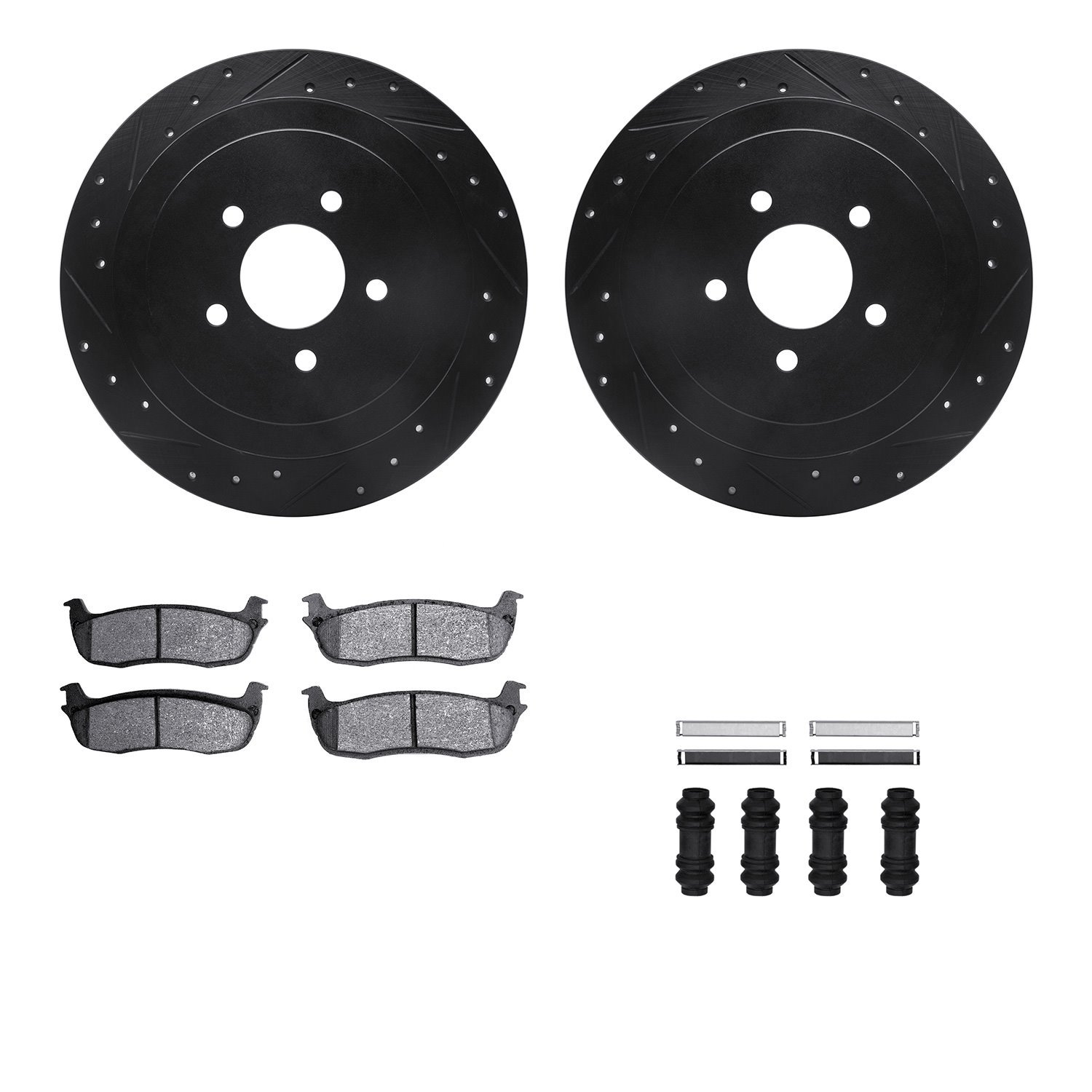 8212-55004 Drilled/Slotted Rotors w/Heavy-Duty Brake Pads Kit & Hardware [Black], 2003-2011 Ford/Lincoln/Mercury/Mazda, Position