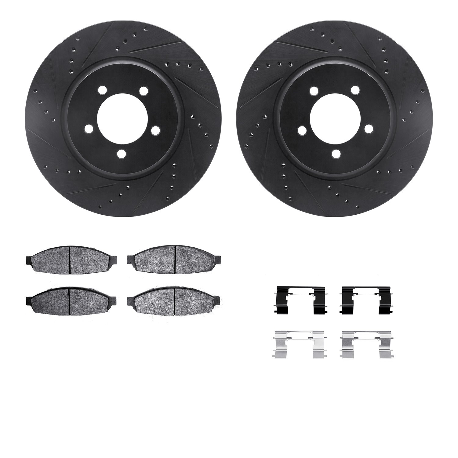 8212-55005 Drilled/Slotted Rotors w/Heavy-Duty Brake Pads Kit & Hardware [Black], 2003-2005 Ford/Lincoln/Mercury/Mazda, Position