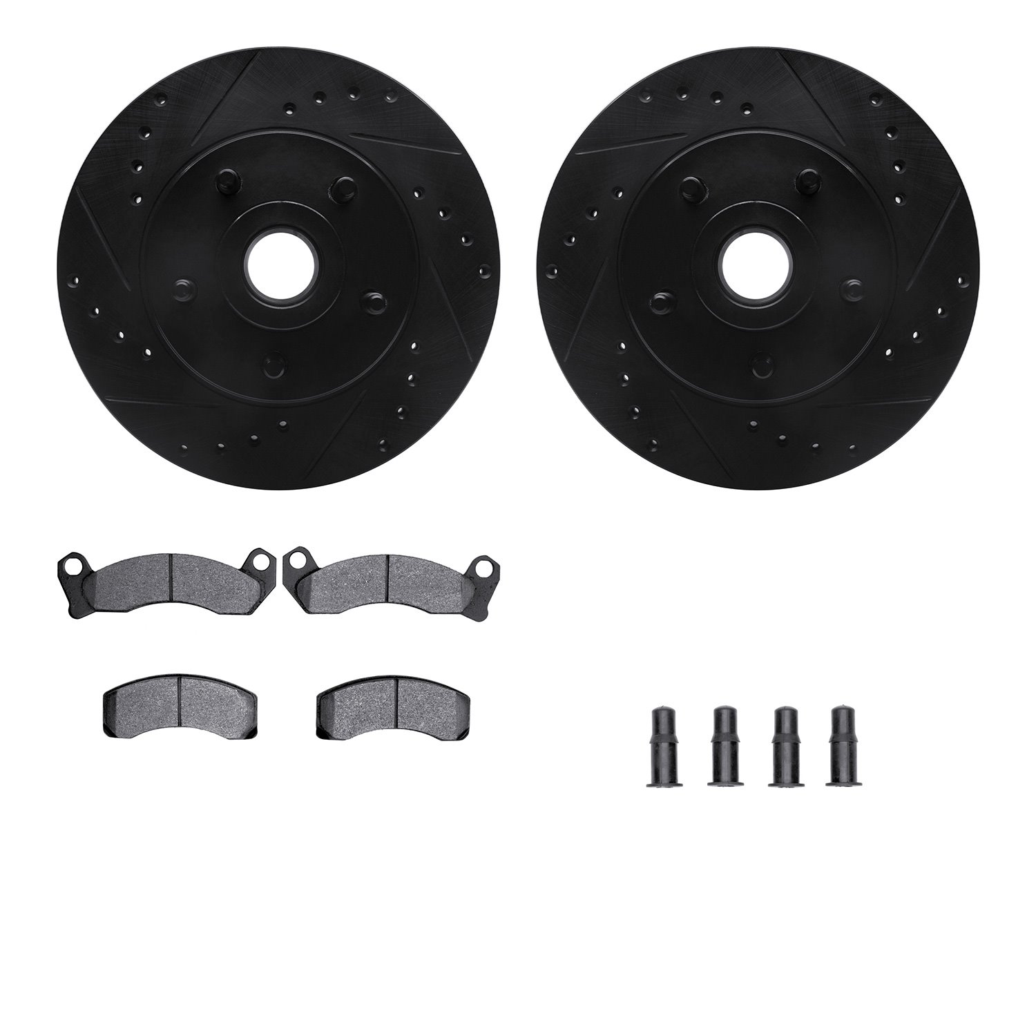 8212-56012 Drilled/Slotted Rotors w/Heavy-Duty Brake Pads Kit & Hardware [Black], 1981-1991 Ford/Lincoln/Mercury/Mazda, Position