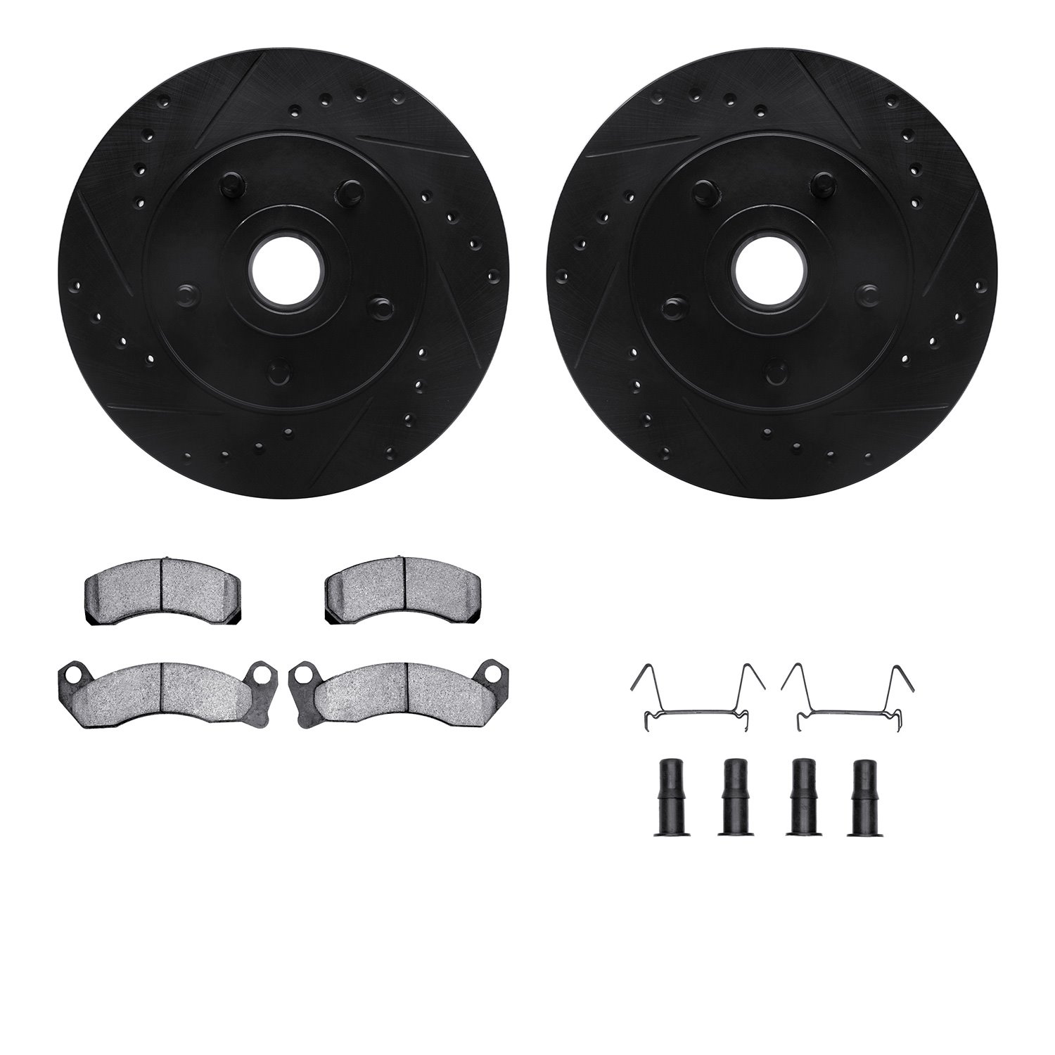 8212-56014 Drilled/Slotted Rotors w/Heavy-Duty Brake Pads Kit & Hardware [Black], 1979-1991 Ford/Lincoln/Mercury/Mazda, Position