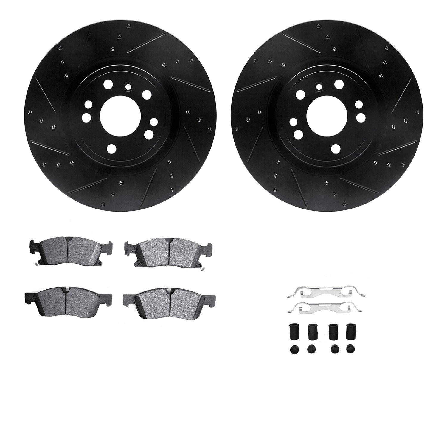 8212-63002 Drilled/Slotted Rotors w/Heavy-Duty Brake Pads Kit & Hardware [Black], 2012-2018 Mercedes-Benz, Position: Front