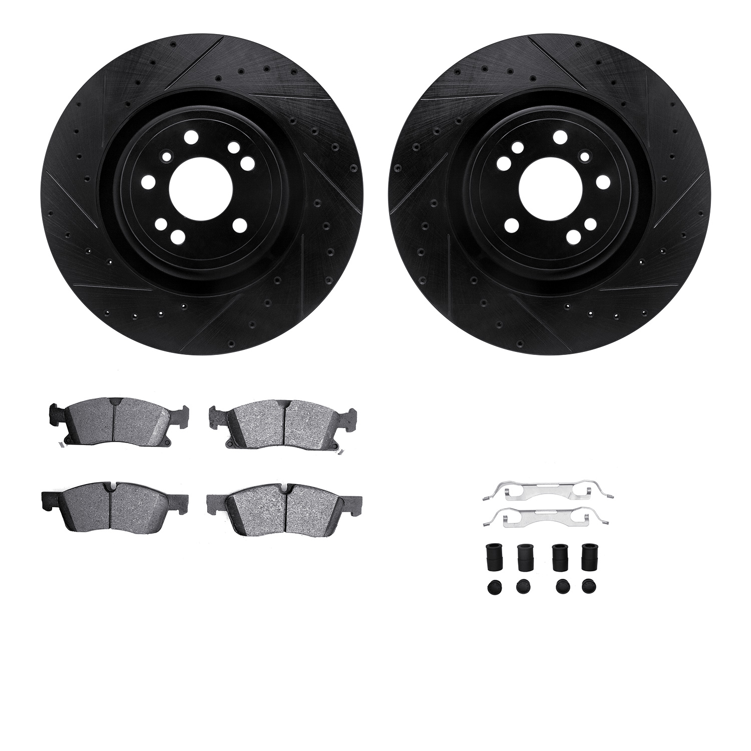 8212-63003 Drilled/Slotted Rotors w/Heavy-Duty Brake Pads Kit & Hardware [Black], 2013-2019 Mercedes-Benz, Position: Front