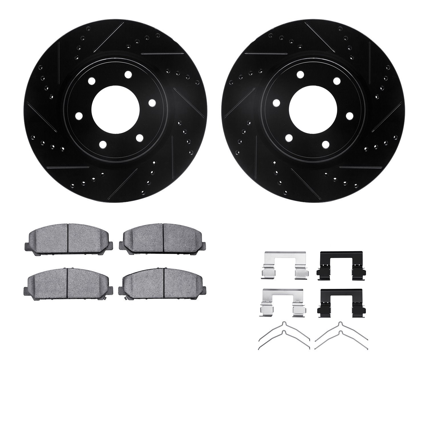 8212-67002 Drilled/Slotted Rotors w/Heavy-Duty Brake Pads Kit & Hardware [Black], Fits Select Infiniti/Nissan, Position: Front