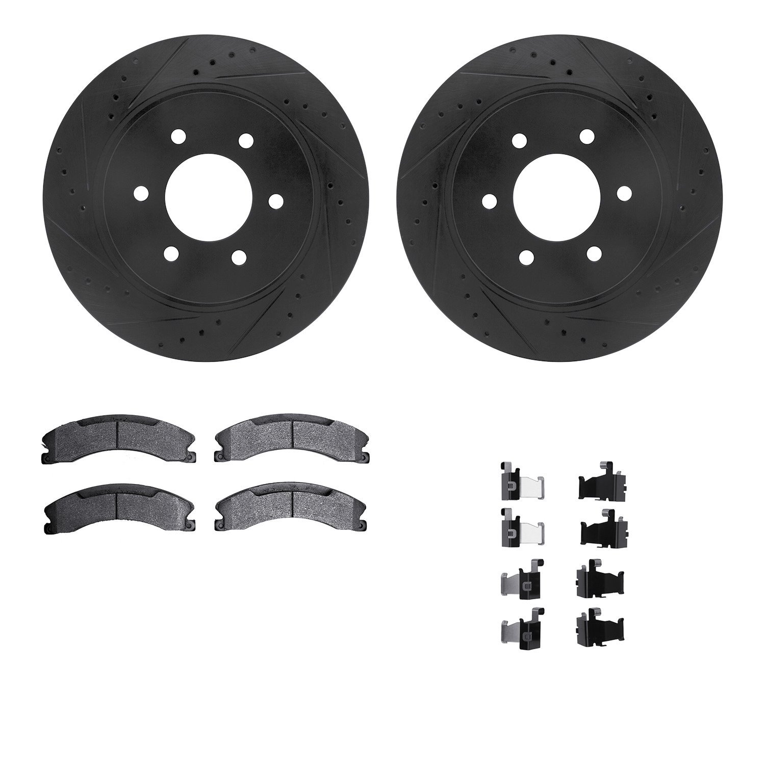 8212-67005 Drilled/Slotted Rotors w/Heavy-Duty Brake Pads Kit & Hardware [Black], Fits Select Infiniti/Nissan, Position: Front
