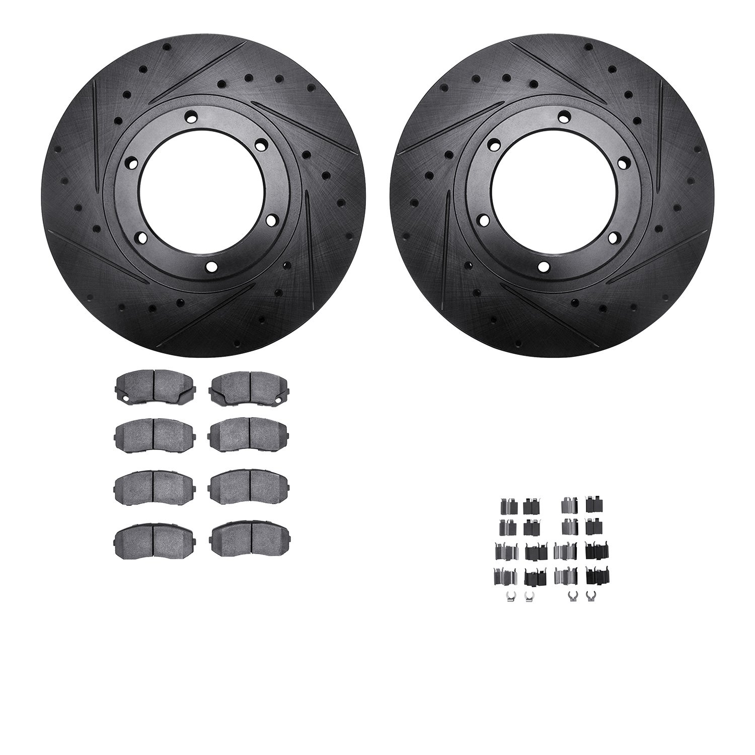 8212-72115 Drilled/Slotted Rotors w/Heavy-Duty Brake Pads Kit & Hardware [Black], 2010-2011 Freightliner, Position: Front
