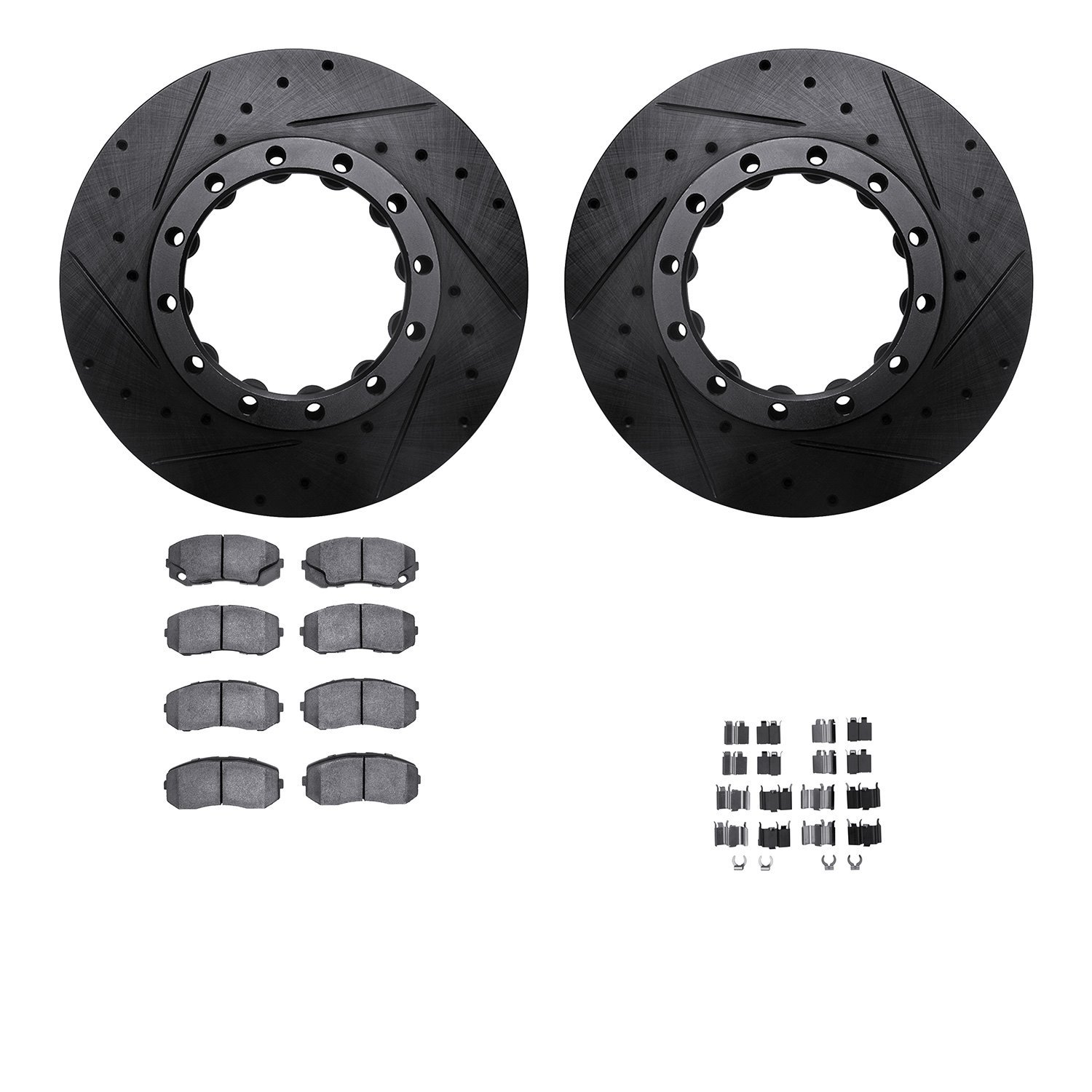 8212-72116 Drilled/Slotted Rotors w/Heavy-Duty Brake Pads Kit & Hardware [Black], 2010-2011 Freightliner, Position: Rear