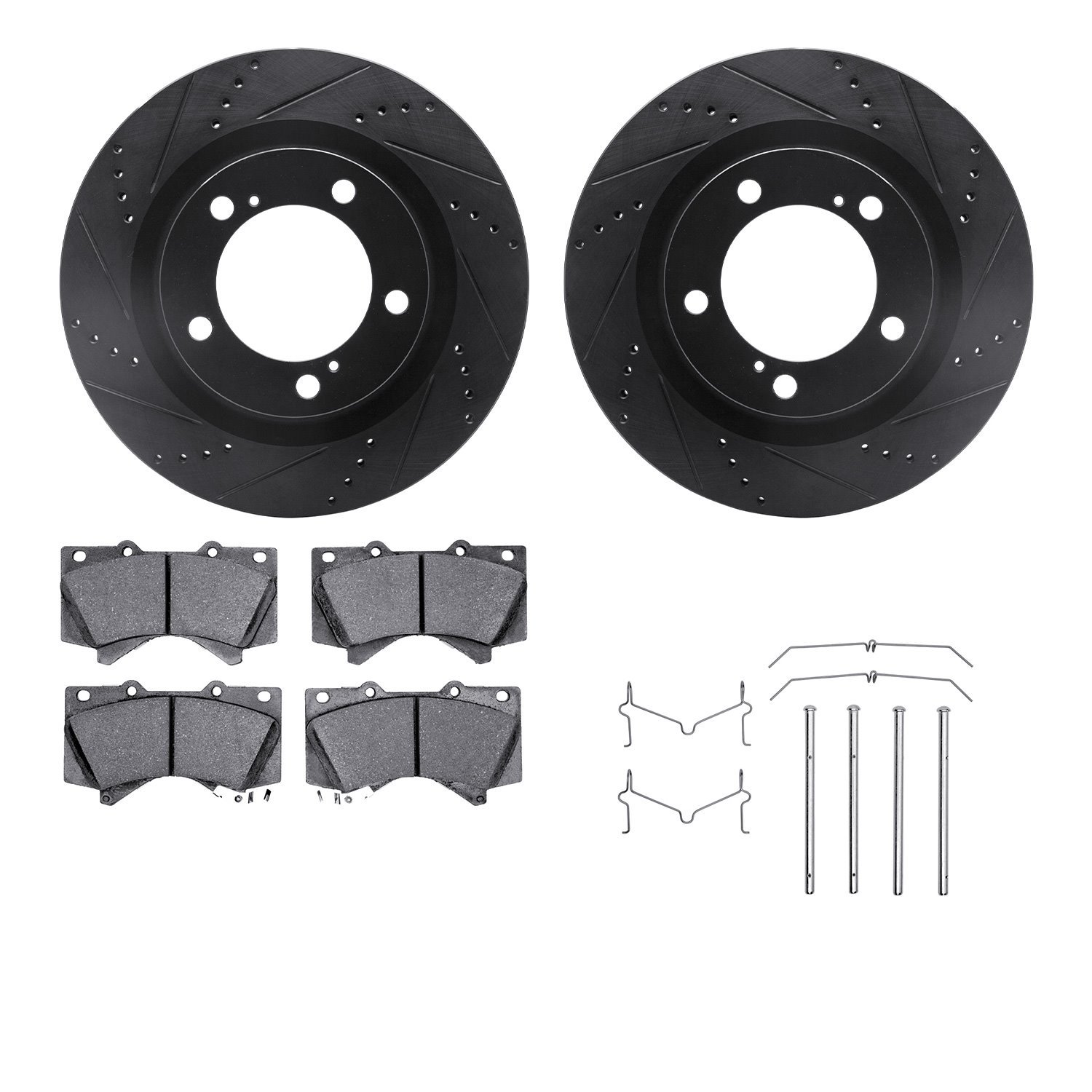 8212-76005 Drilled/Slotted Rotors w/Heavy-Duty Brake Pads Kit & Hardware [Black], Fits Select Lexus/Toyota/Scion, Position: Fron