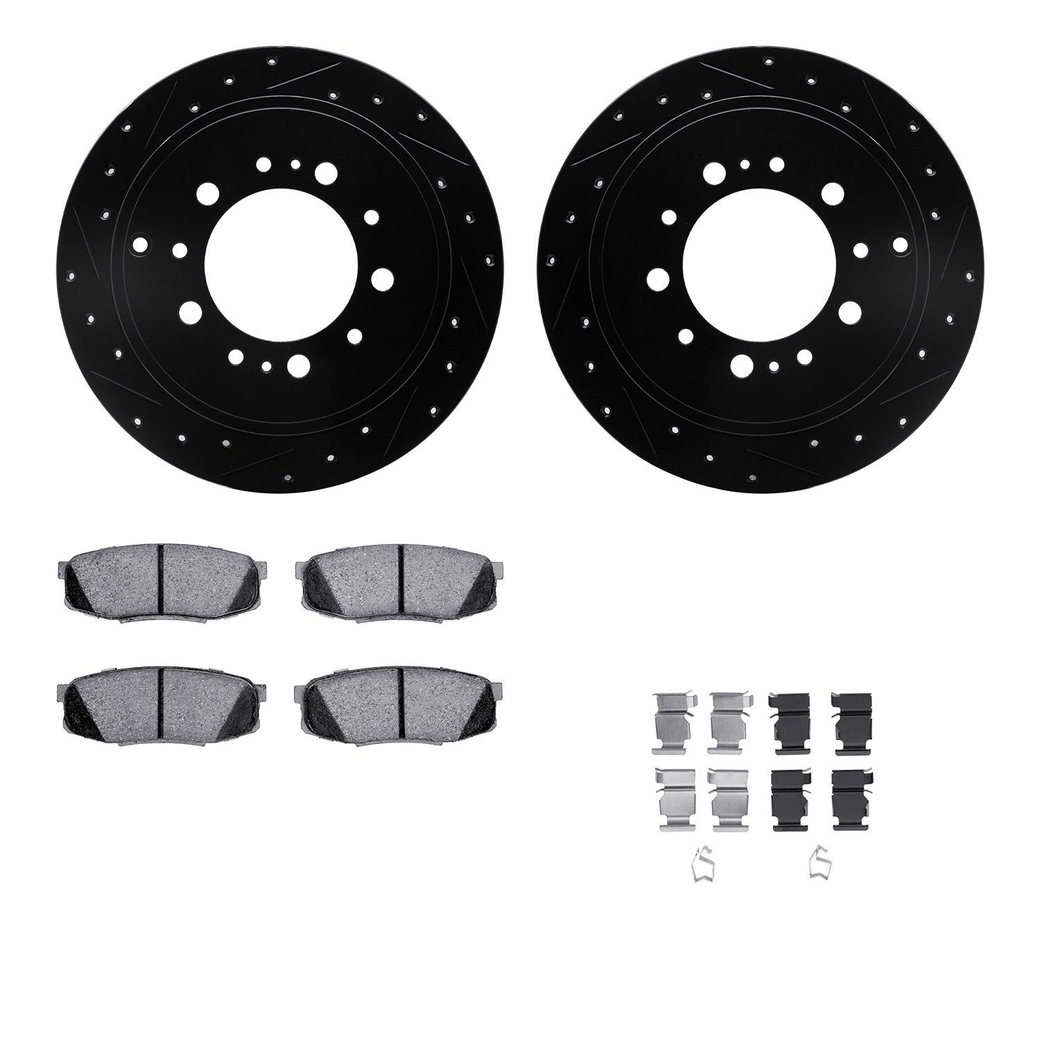 8212-76006 Drilled/Slotted Rotors w/Heavy-Duty Brake Pads Kit & Hardware [Black], Fits Select Lexus/Toyota/Scion, Position: Rear