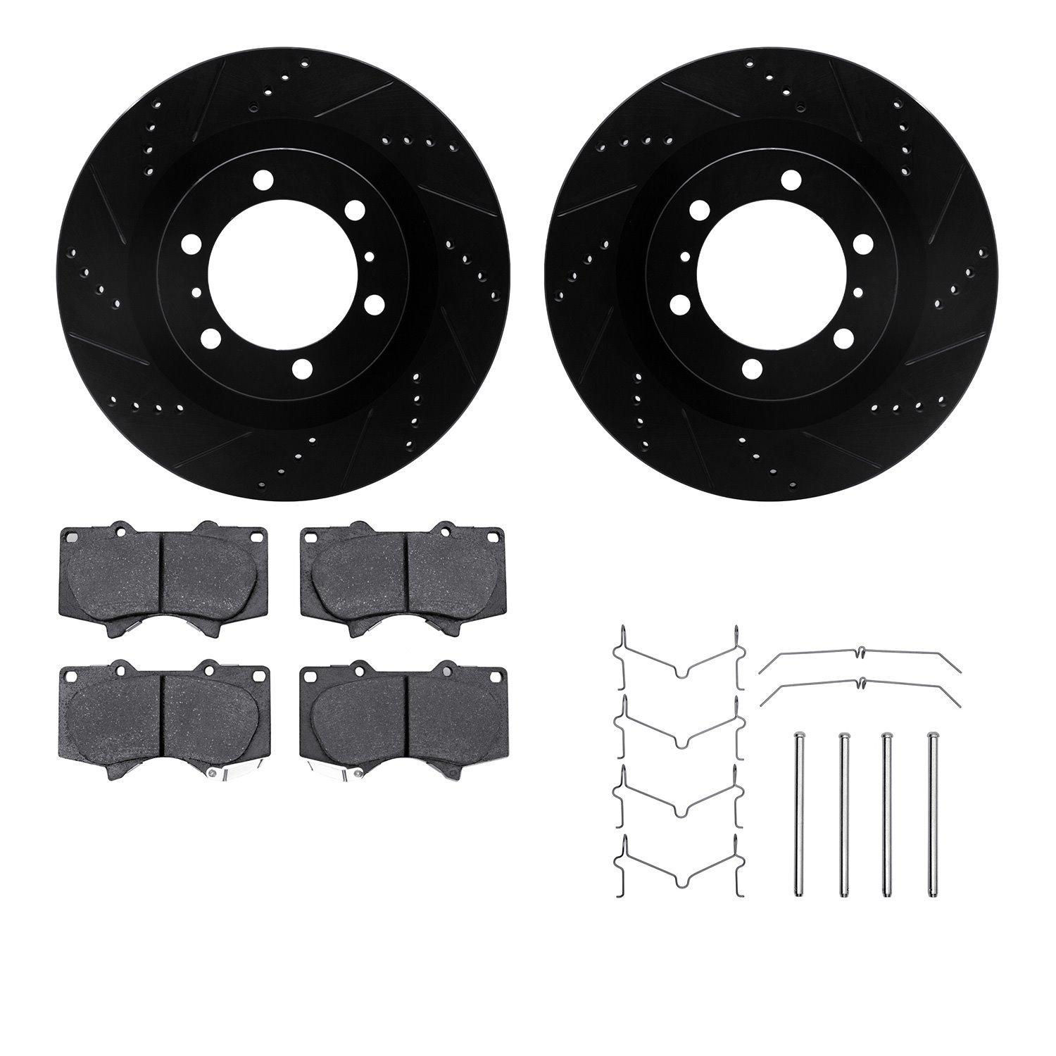 8212-76008 Drilled/Slotted Rotors w/Heavy-Duty Brake Pads Kit & Hardware [Black], Fits Select Lexus/Toyota/Scion, Position: Fron