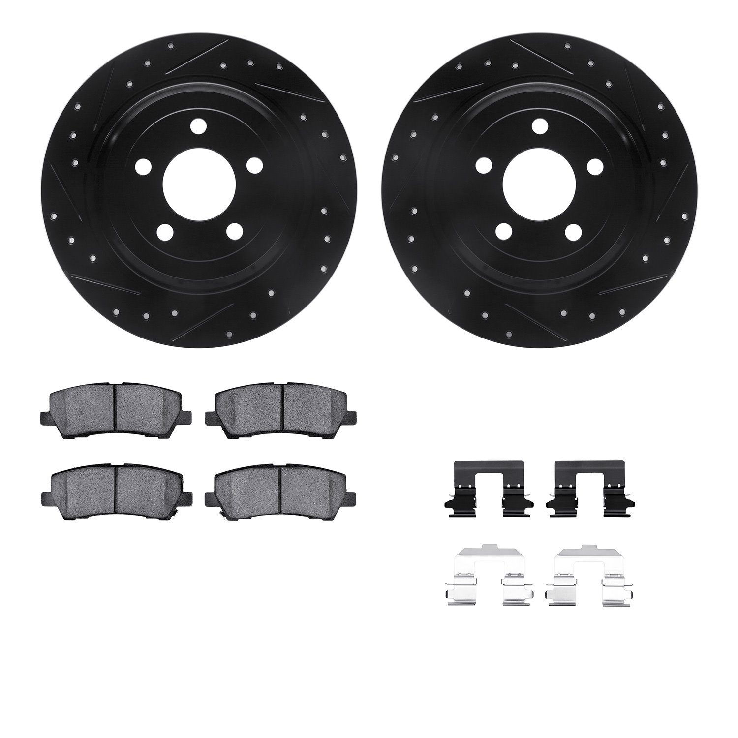 8212-99054 Drilled/Slotted Rotors w/Heavy-Duty Brake Pads Kit & Hardware [Black], 2015-2021 Ford/Lincoln/Mercury/Mazda, Position