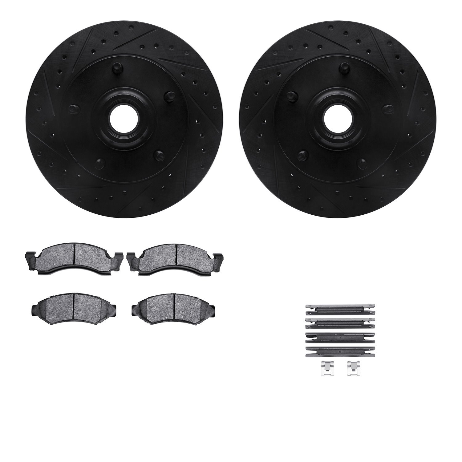 8212-99080 Drilled/Slotted Rotors w/Heavy-Duty Brake Pads Kit & Hardware [Black], 1986-1993 Ford/Lincoln/Mercury/Mazda, Position