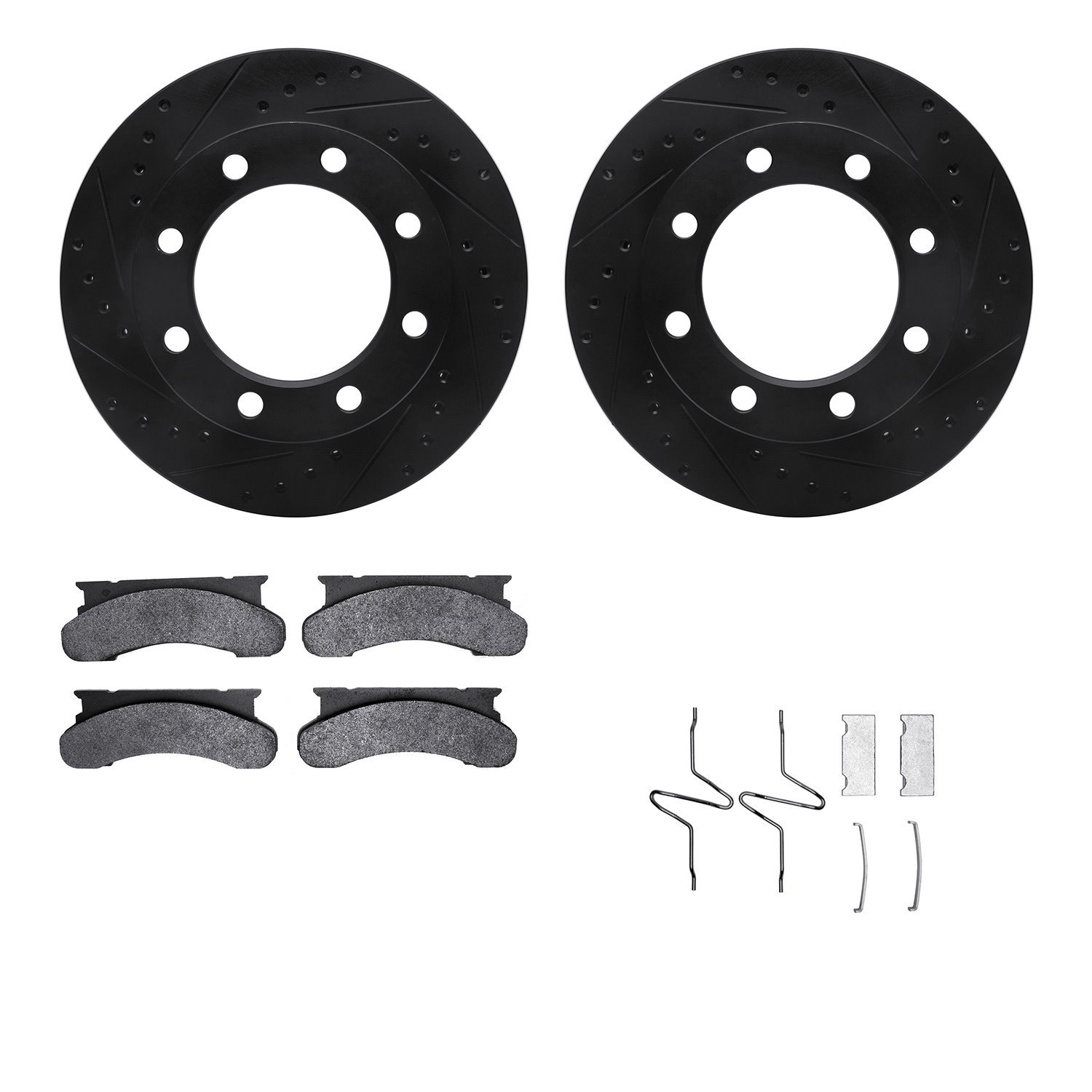 8212-99086 Drilled/Slotted Rotors w/Heavy-Duty Brake Pads Kit & Hardware [Black], 1976-1979 Ford/Lincoln/Mercury/Mazda, Position