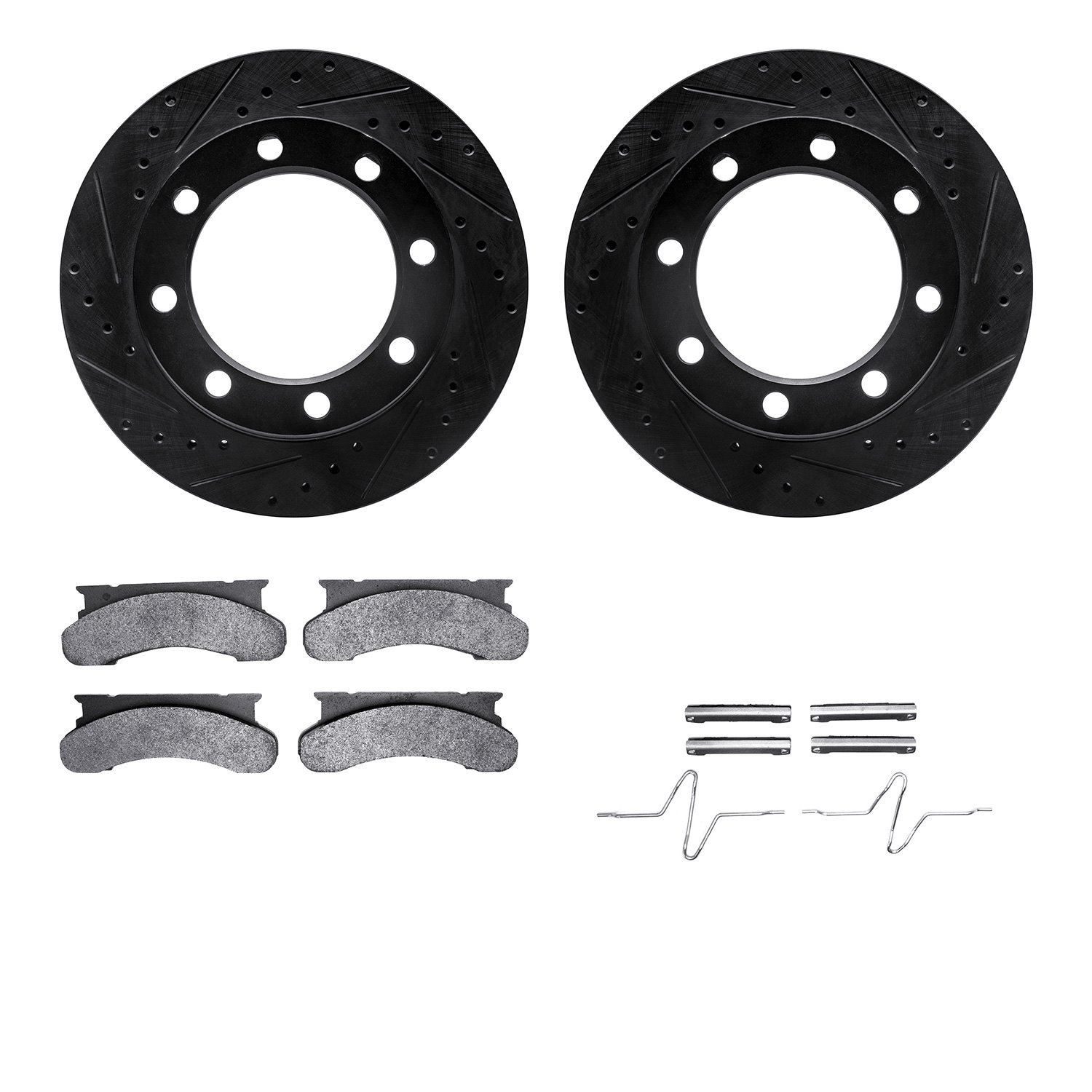 8212-99091 Drilled/Slotted Rotors w/Heavy-Duty Brake Pads Kit & Hardware [Black], 1986-1994 Ford/Lincoln/Mercury/Mazda, Position