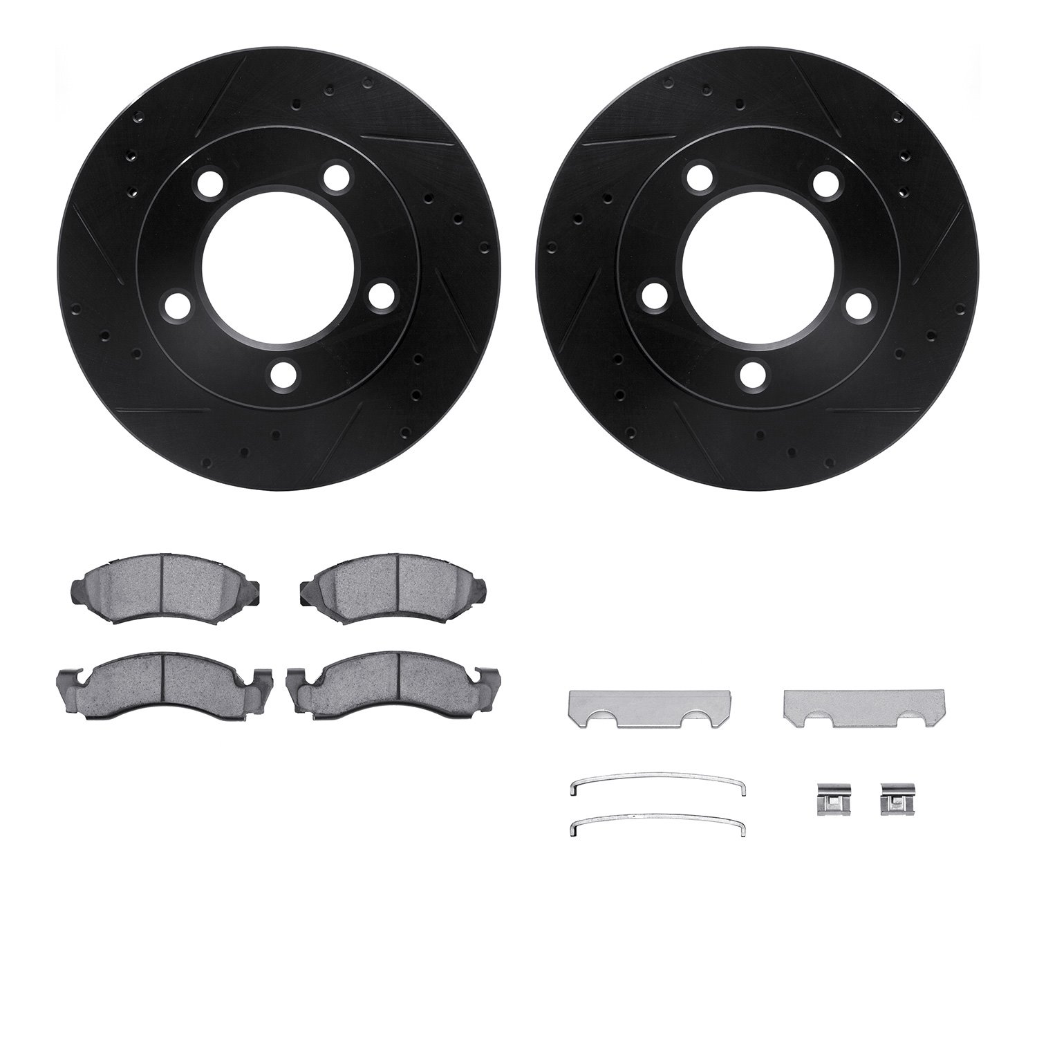 8212-99092 Drilled/Slotted Rotors w/Heavy-Duty Brake Pads Kit & Hardware [Black], 1976-1985 Ford/Lincoln/Mercury/Mazda, Position