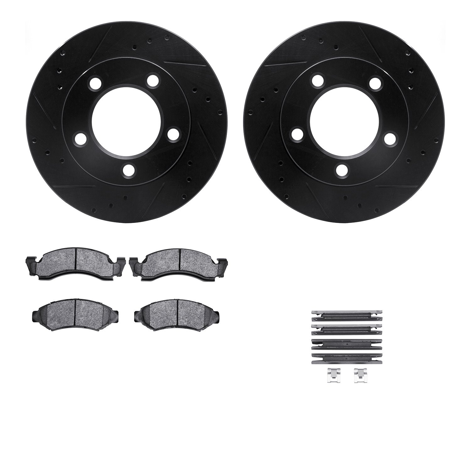 8212-99093 Drilled/Slotted Rotors w/Heavy-Duty Brake Pads Kit & Hardware [Black], 1986-1993 Ford/Lincoln/Mercury/Mazda, Position