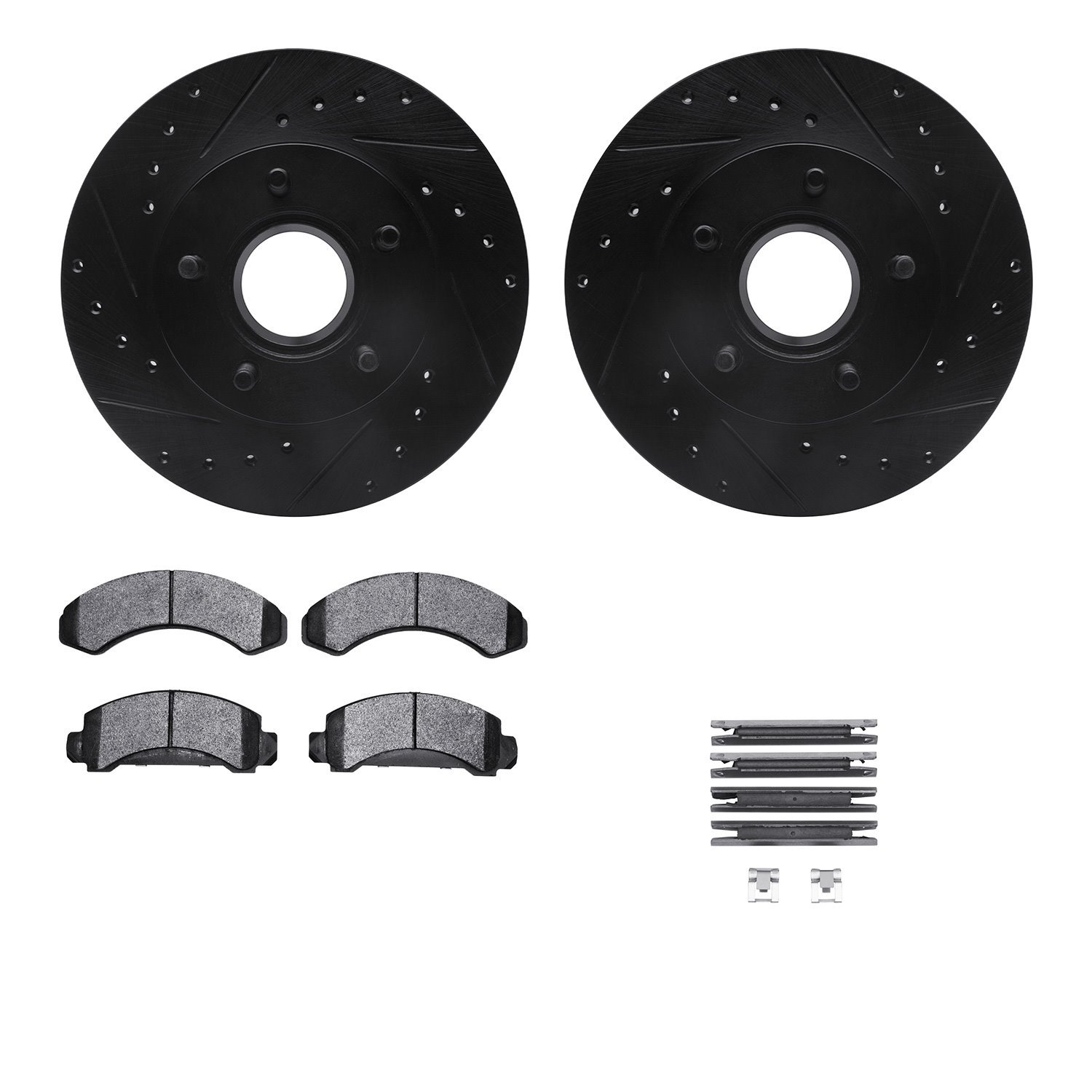8212-99095 Drilled/Slotted Rotors w/Heavy-Duty Brake Pads Kit & Hardware [Black], 1983-1992 Ford/Lincoln/Mercury/Mazda, Position