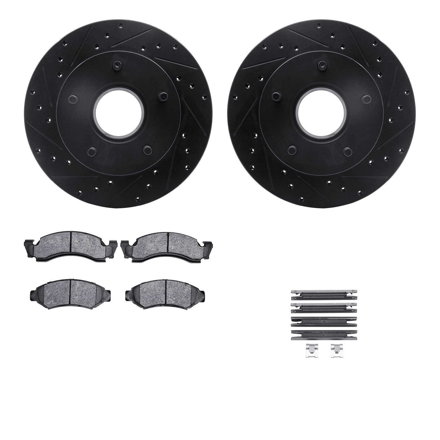 8212-99097 Drilled/Slotted Rotors w/Heavy-Duty Brake Pads Kit & Hardware [Black], 1986-1988 Ford/Lincoln/Mercury/Mazda, Position