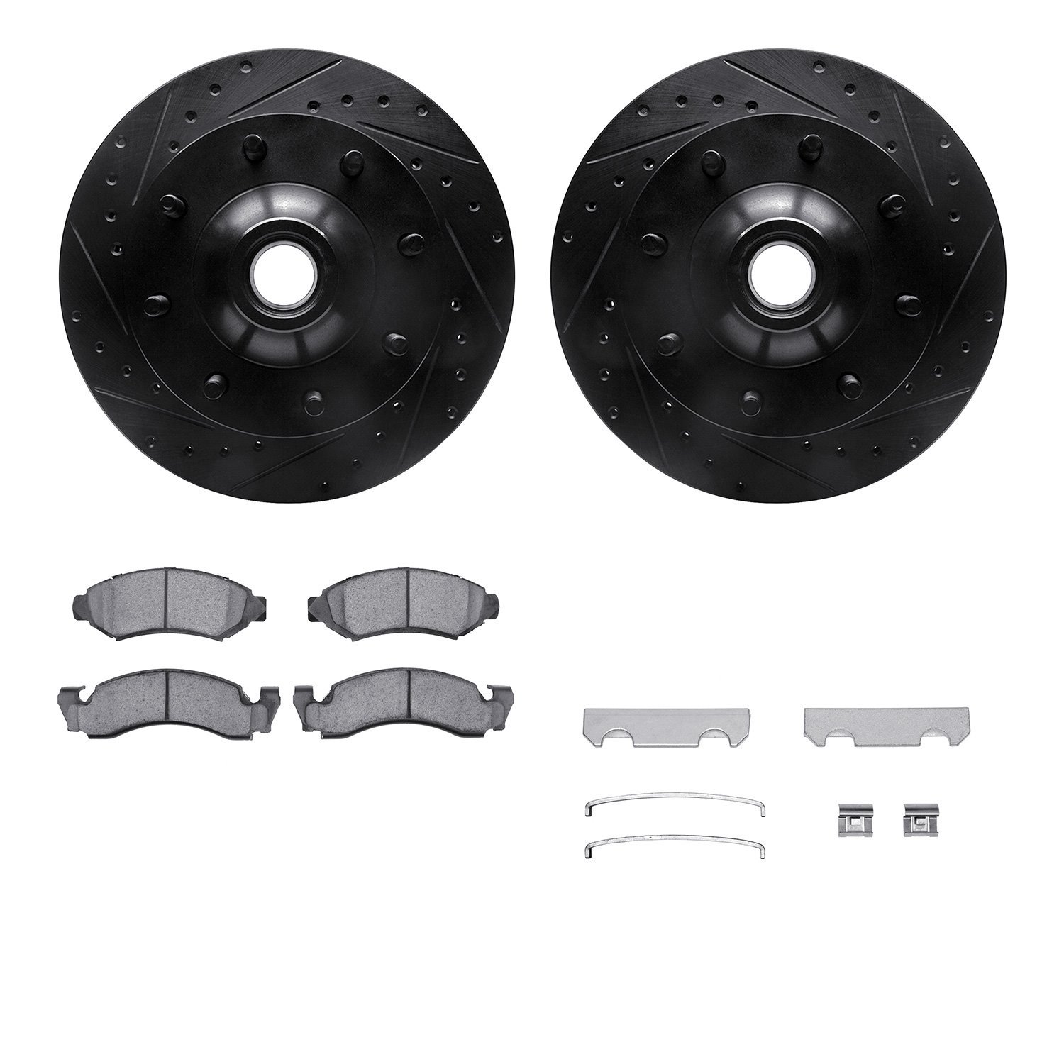 8212-99099 Drilled/Slotted Rotors w/Heavy-Duty Brake Pads Kit & Hardware [Black], 1980-1985 Ford/Lincoln/Mercury/Mazda, Position