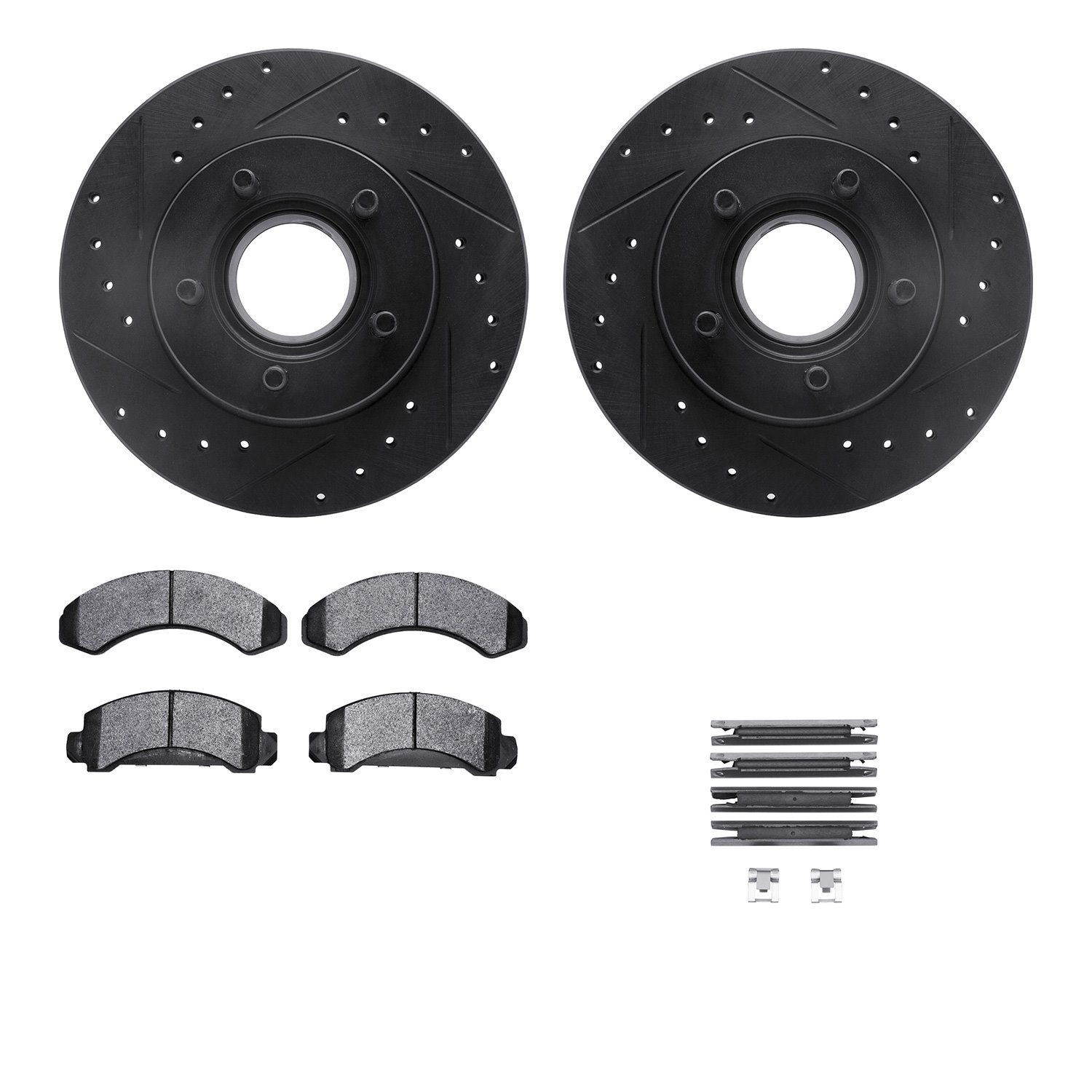 8212-99102 Drilled/Slotted Rotors w/Heavy-Duty Brake Pads Kit & Hardware [Black], 1990-1994 Ford/Lincoln/Mercury/Mazda, Position