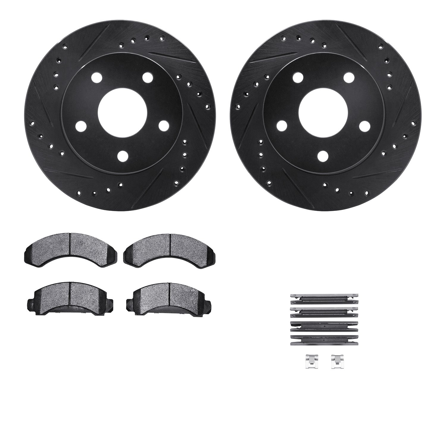 8212-99103 Drilled/Slotted Rotors w/Heavy-Duty Brake Pads Kit & Hardware [Black], 1990-1997 Ford/Lincoln/Mercury/Mazda, Position