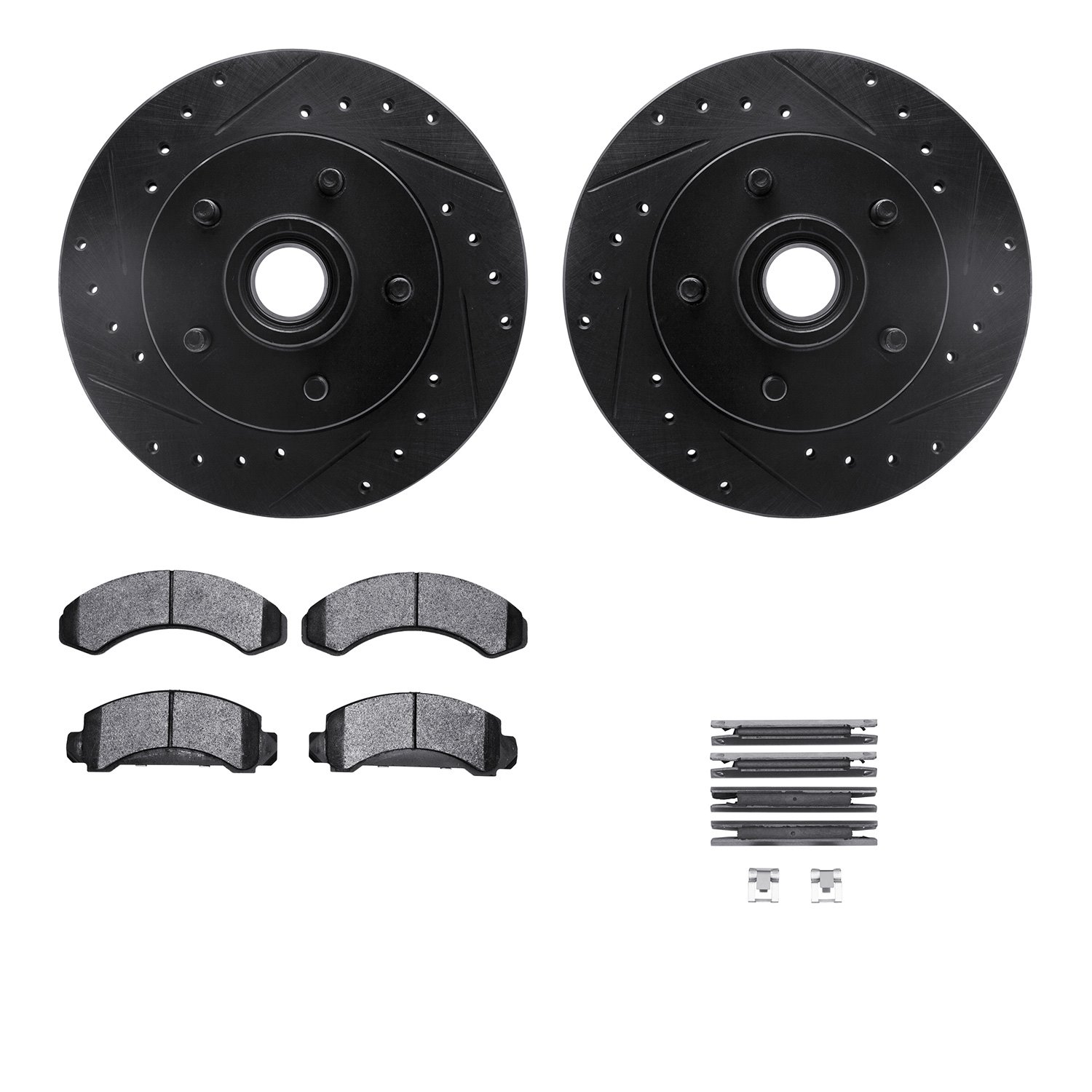 8212-99104 Drilled/Slotted Rotors w/Heavy-Duty Brake Pads Kit & Hardware [Black], 1986-1992 Ford/Lincoln/Mercury/Mazda, Position