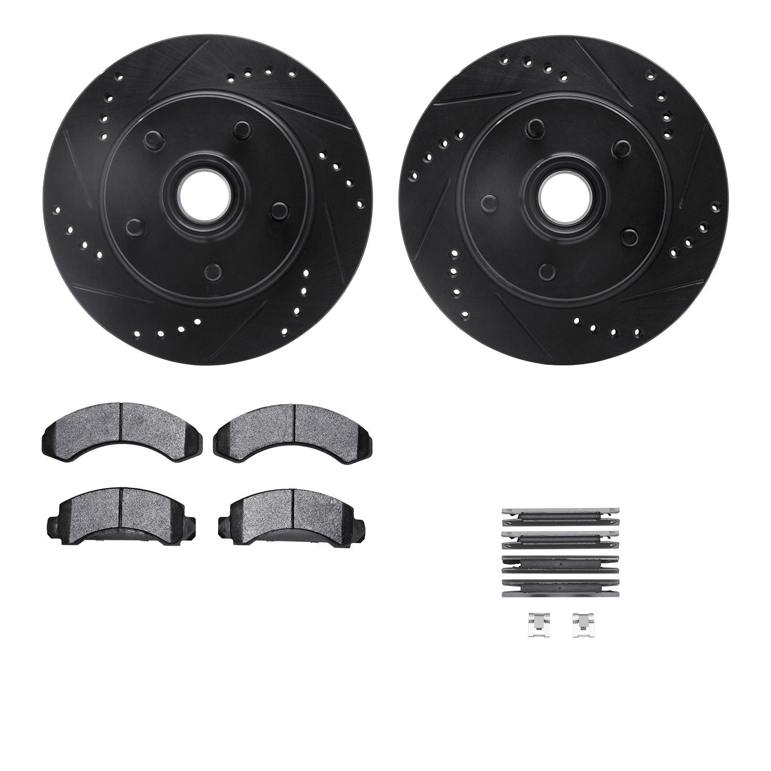 8212-99105 Drilled/Slotted Rotors w/Heavy-Duty Brake Pads Kit & Hardware [Black], 1992-1997 Ford/Lincoln/Mercury/Mazda, Position