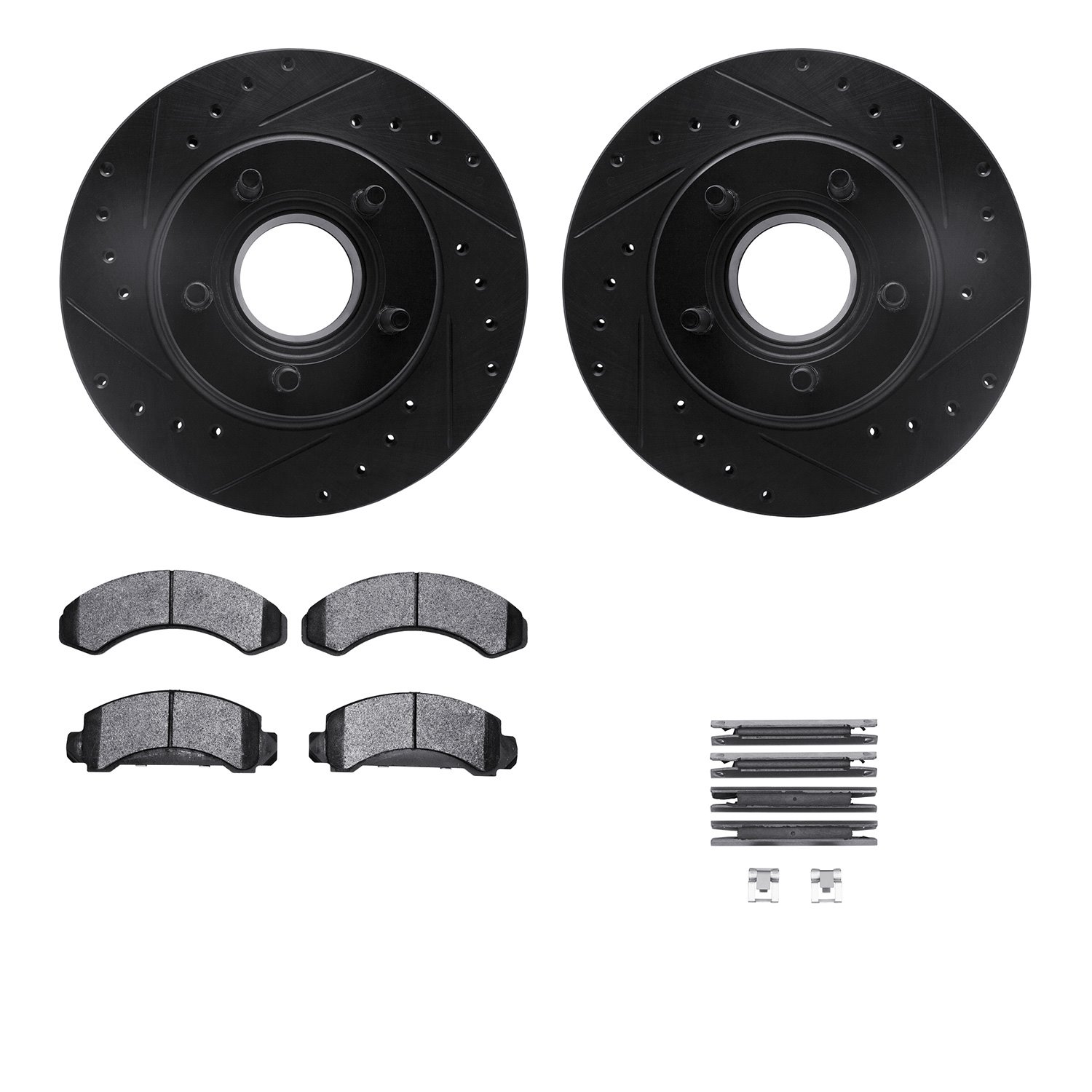 8212-99106 Drilled/Slotted Rotors w/Heavy-Duty Brake Pads Kit & Hardware [Black], 1993-1994 Ford/Lincoln/Mercury/Mazda, Position